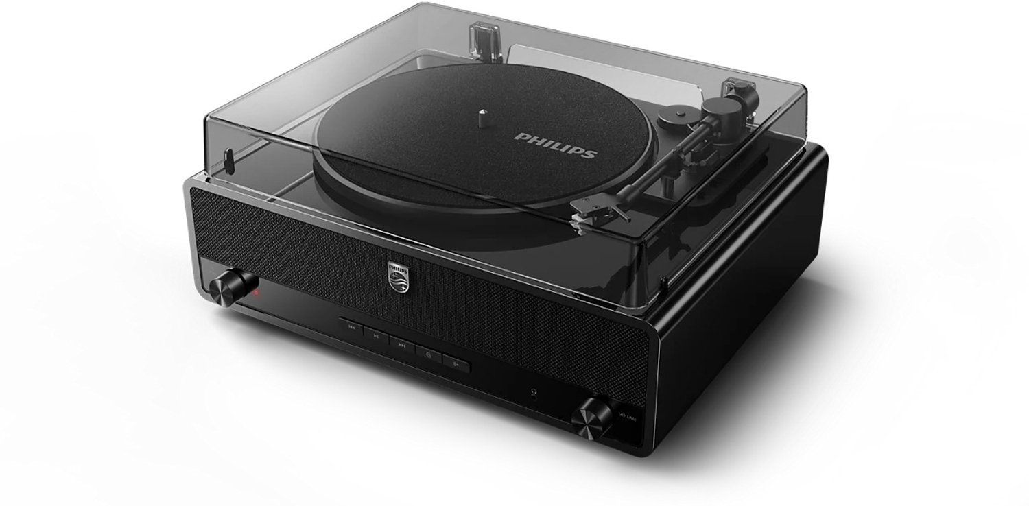 PHILIPS TAV5000/10 The Stevie Pro - Retro Bluetooth Platenspeler - Ingebouwde Stereo Speakers - 33⅓ en 45 RPM - Bluetooth 6.0 - Auto Stop - Auracast - 20W RMS - 33 1/3 & 45 RPM - Zwart