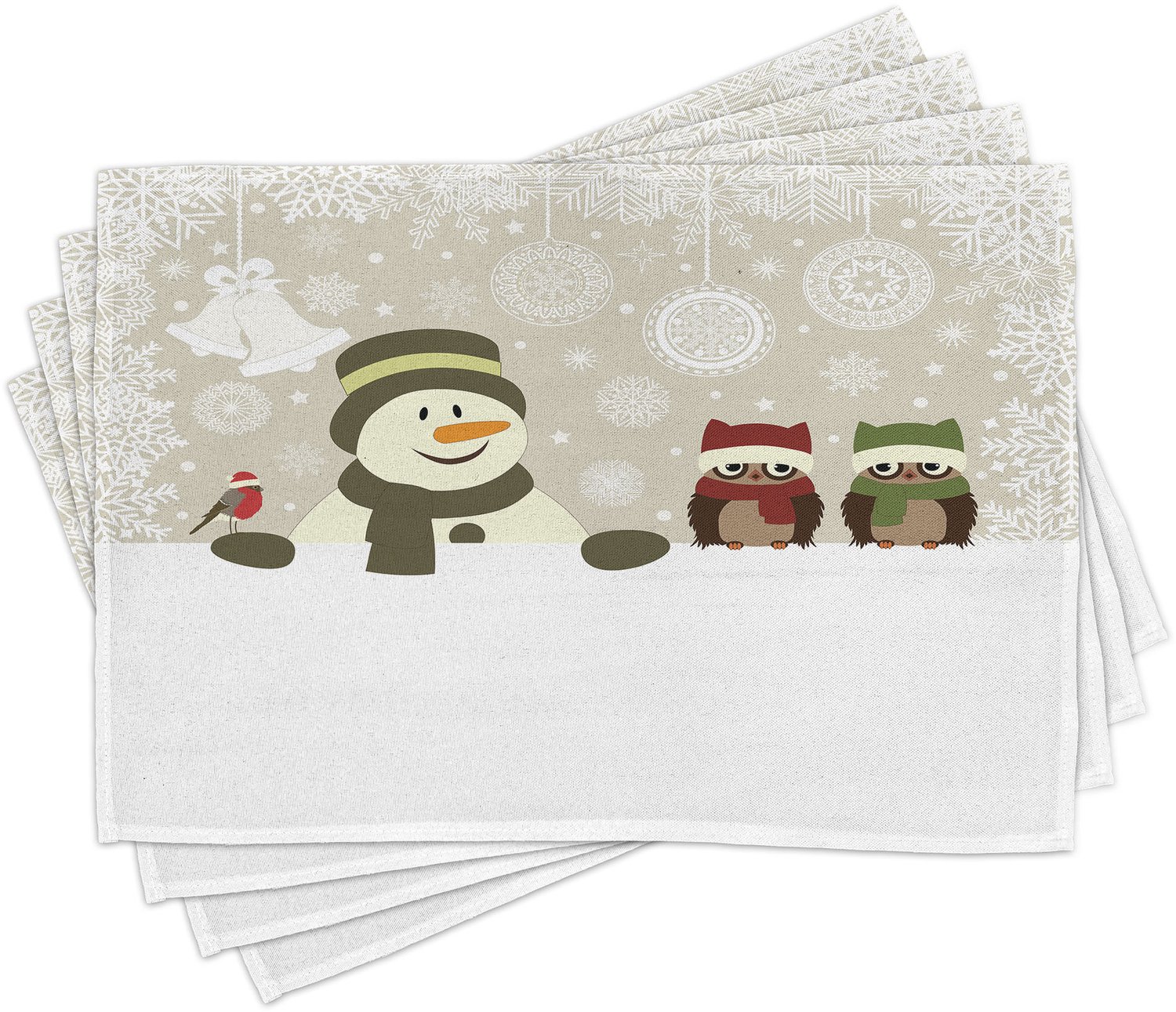 ABAKUHAUS Kerst Placemats Set van 4, Sneeuwman Owls in Besneeuwde Winter Day Rinkelende Bellen Sneeuwvlok Afbeelding, Wasbare Stoffen Placemats voor de Eettafel, Standaardformaat, Crème Wit
