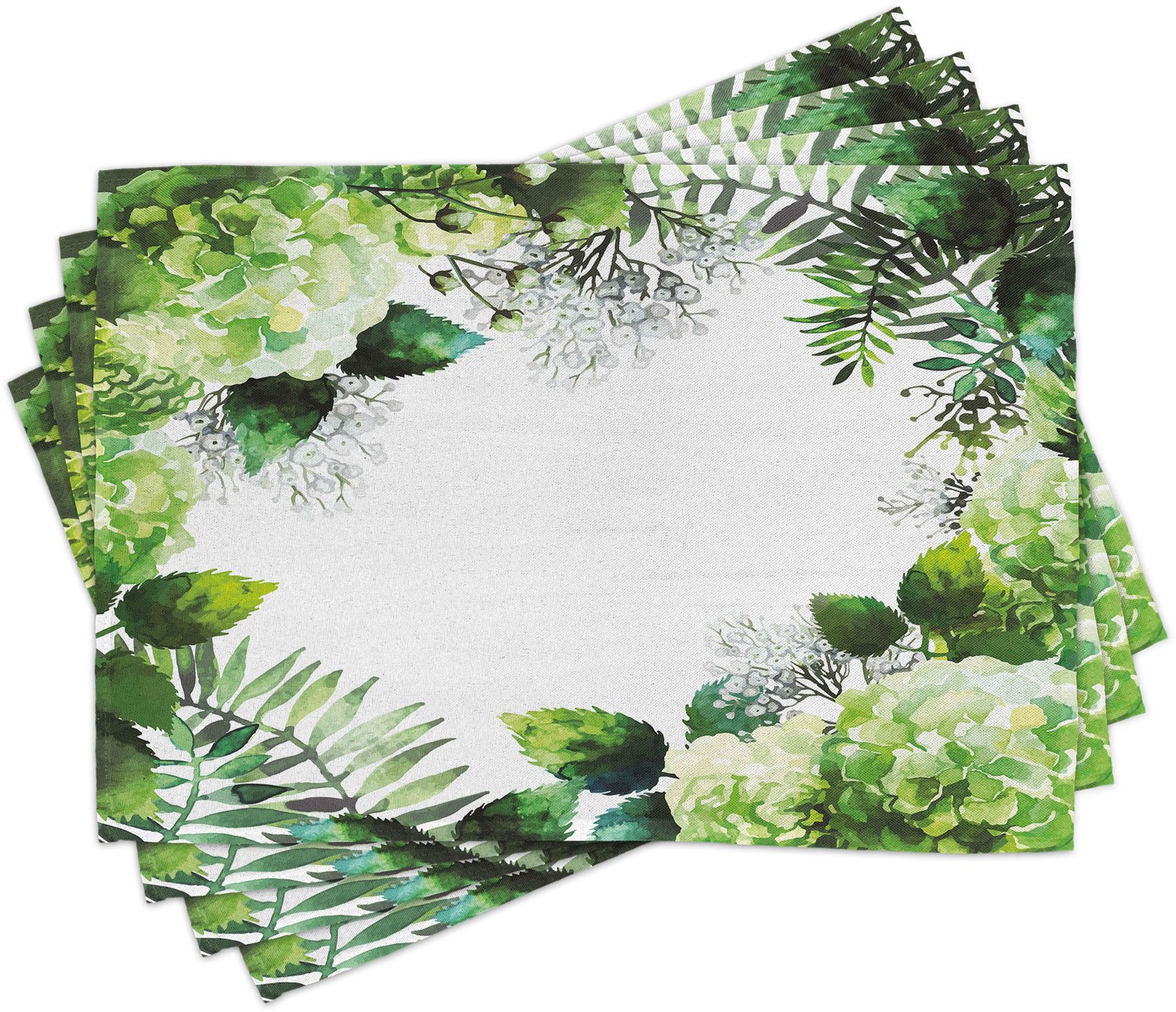 ABAKUHAUS Natuur Placemats Set van 4, Hortensia Bloemen Bladgroen Bladeren Varen Tropisch Planten Aquarel Kunst, Wasbare Stoffen Placemats voor de Eettafel, Standaardformaat, Groen Wit
