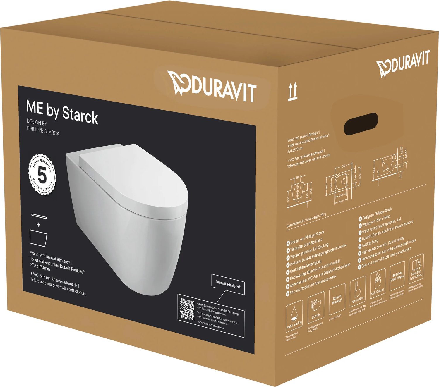Duravit DU wand-wc-set ME by Starck 570mm, rimless Durafix, diepspoel, wit, incl. wc-zitting met softclose, DS, 452909AAA1