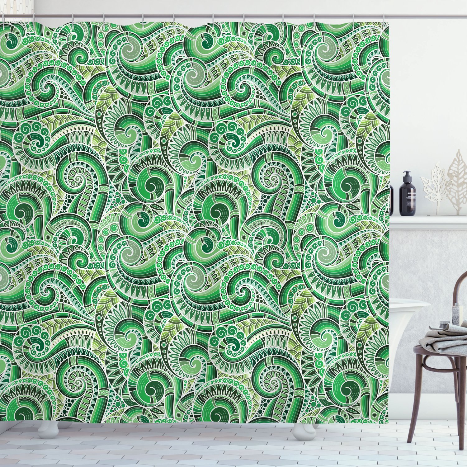 ABAKUHAUS Aziatisch Douchegordijn, Klassiek Retro Mehendi, Met Set van 12 Ringen, Stijlvol en Modern, 175x200 cm, Groen Zwart