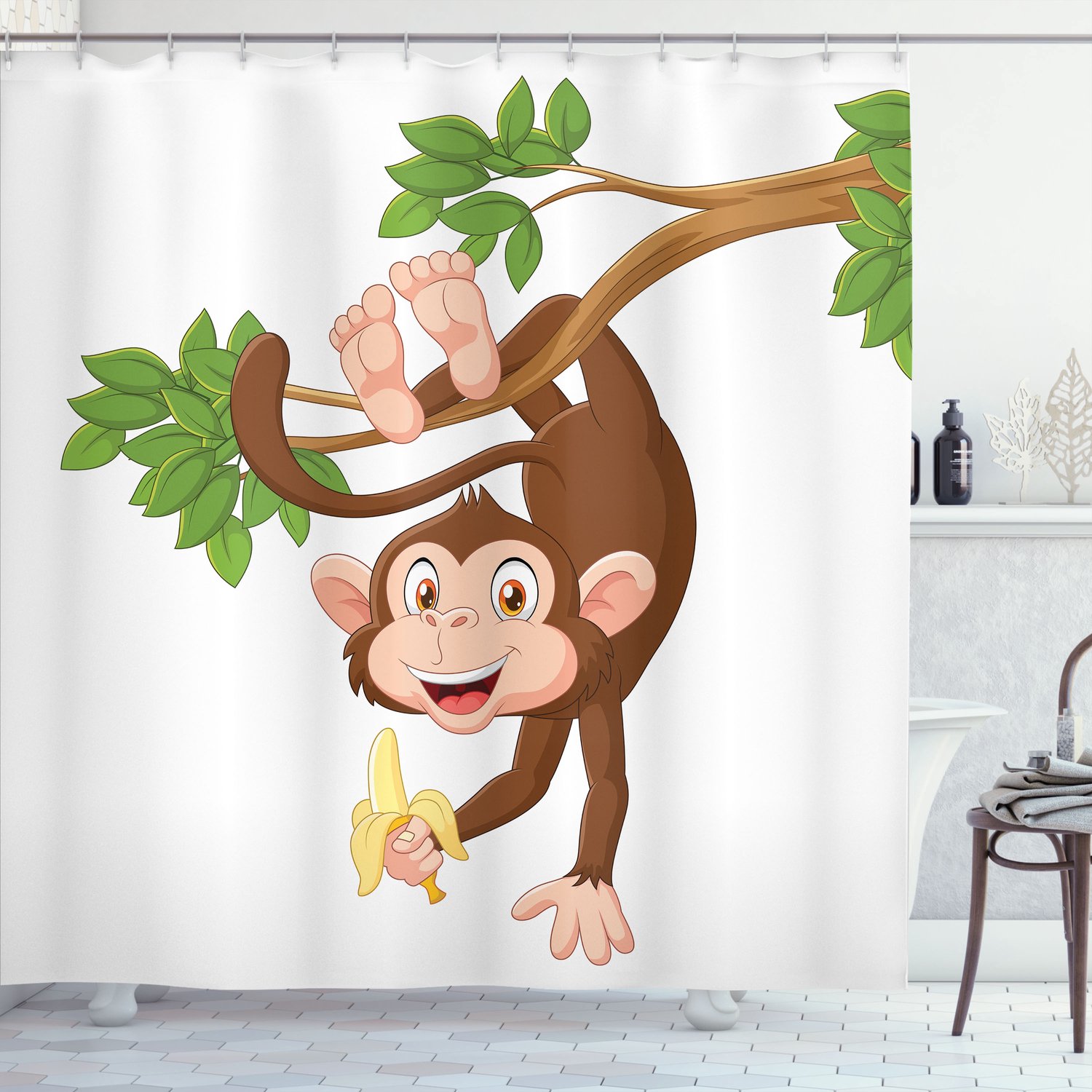 ABAKUHAUS Cartoon Douchegordijn, AAP met Bananenboom, Stoffen Badkamerdecoratieset met Haken, 175 x 240 cm, Chocolade Wit