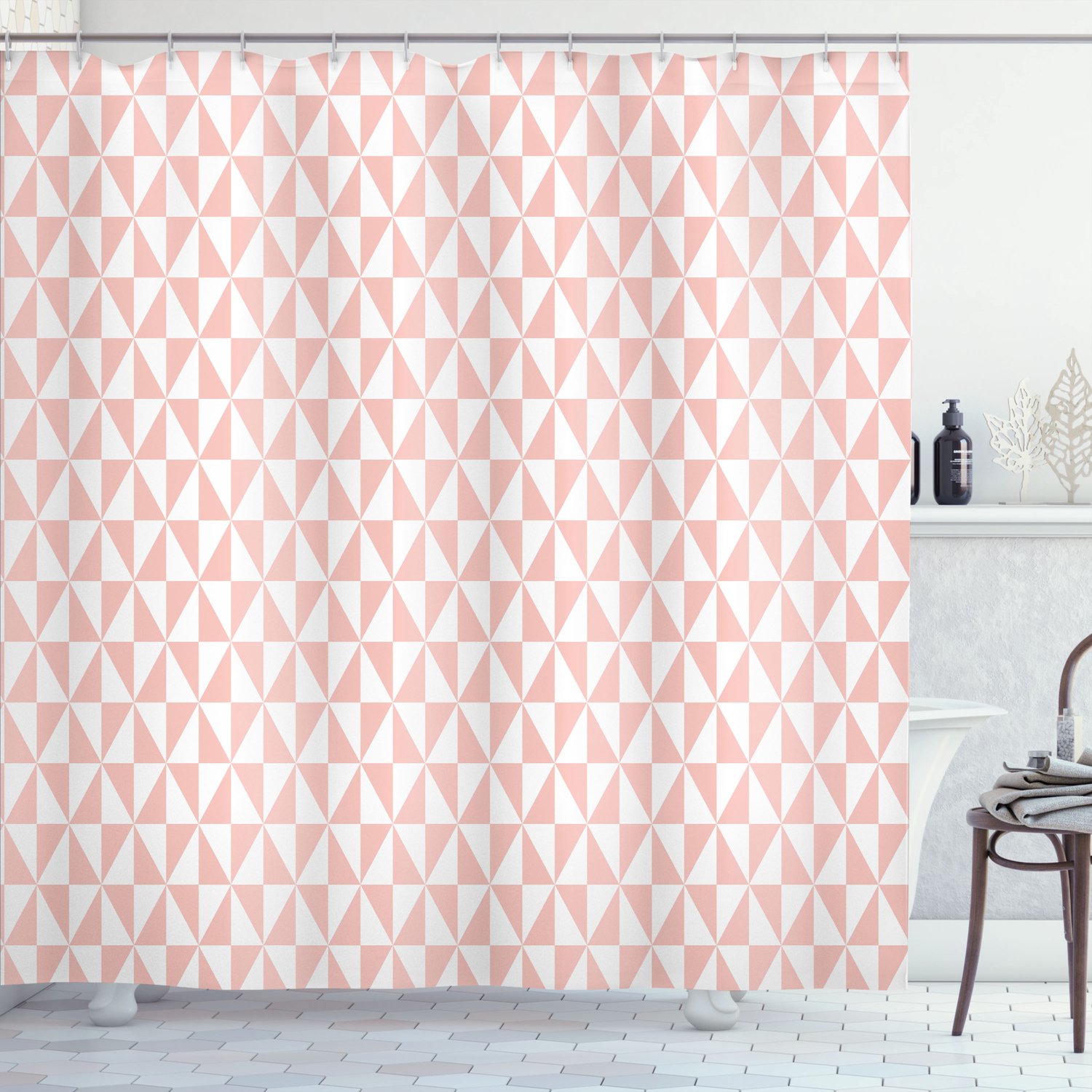 ABAKUHAUS Abstract Douchegordijn, Geometrische Mozaïek Raster, Stoffen Badkamerdecoratieset met Haken, 175 x 180 cm, Blush Wit