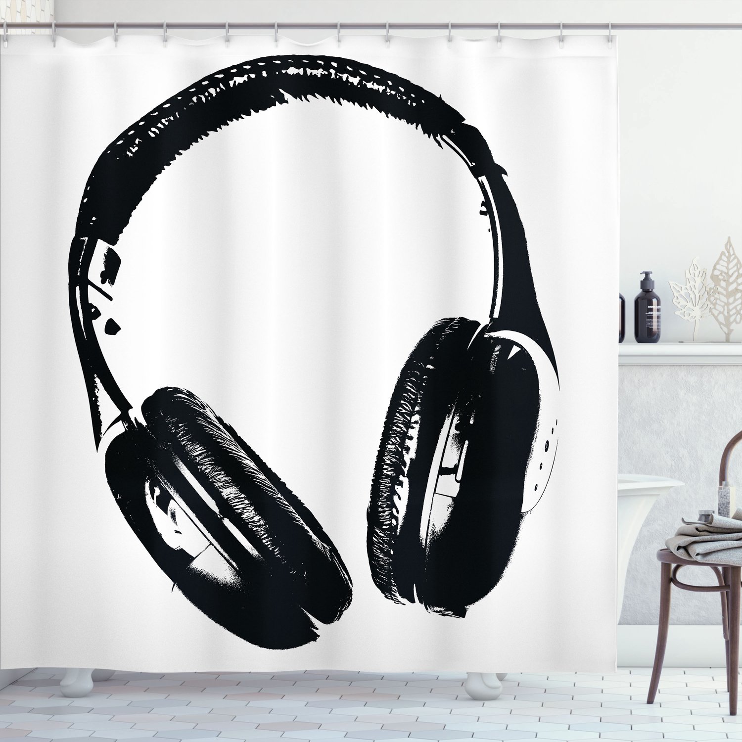 ABAKUHAUS Muziek Douchegordijn, Grunge Kopfhörer Spaß, Met Set van 12 Ringen, Stijlvol en Modern, 175x200 cm, Wit Antraciet grau