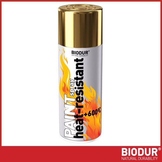Gouden Biodur hittebestendige spuitbus met vlammenpatroon en tekst "heat-resistant +600°C".