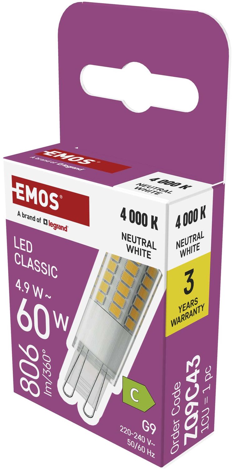 EMOS LED-lamp Classic JC / G9 / 4,9 W (60 W) / 806 lm / neutraal wit, ZQ9C43