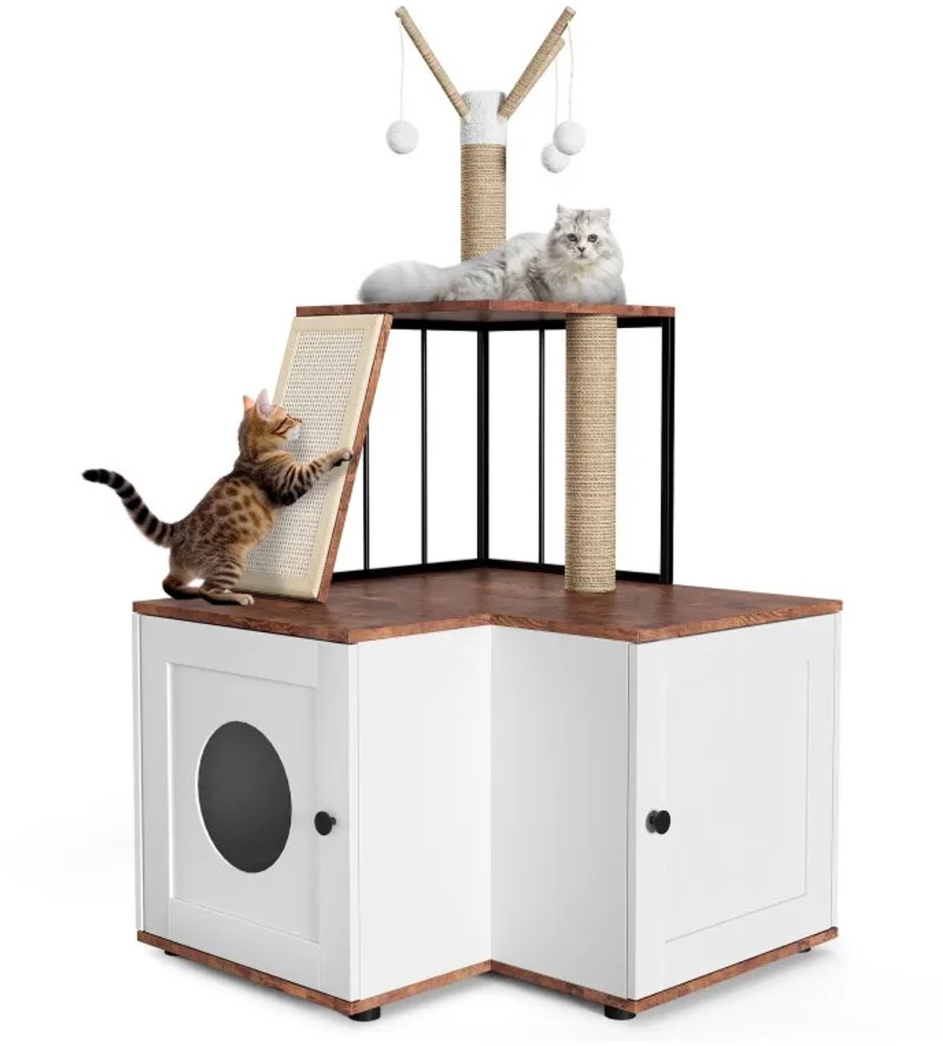 Gudalio Kattenbak Meubel - Kast - Kattenhuis - Verborgen Kattenbak - Sisal Krabpaal - Speelbal - Opbergruimte - Hout - Wit