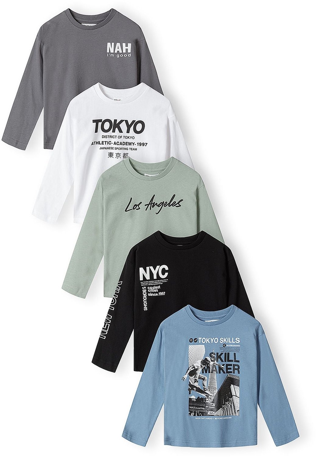 Minoti longsleeve kinderen – stads- en skateboardprints – 5-pack – meerkleurig