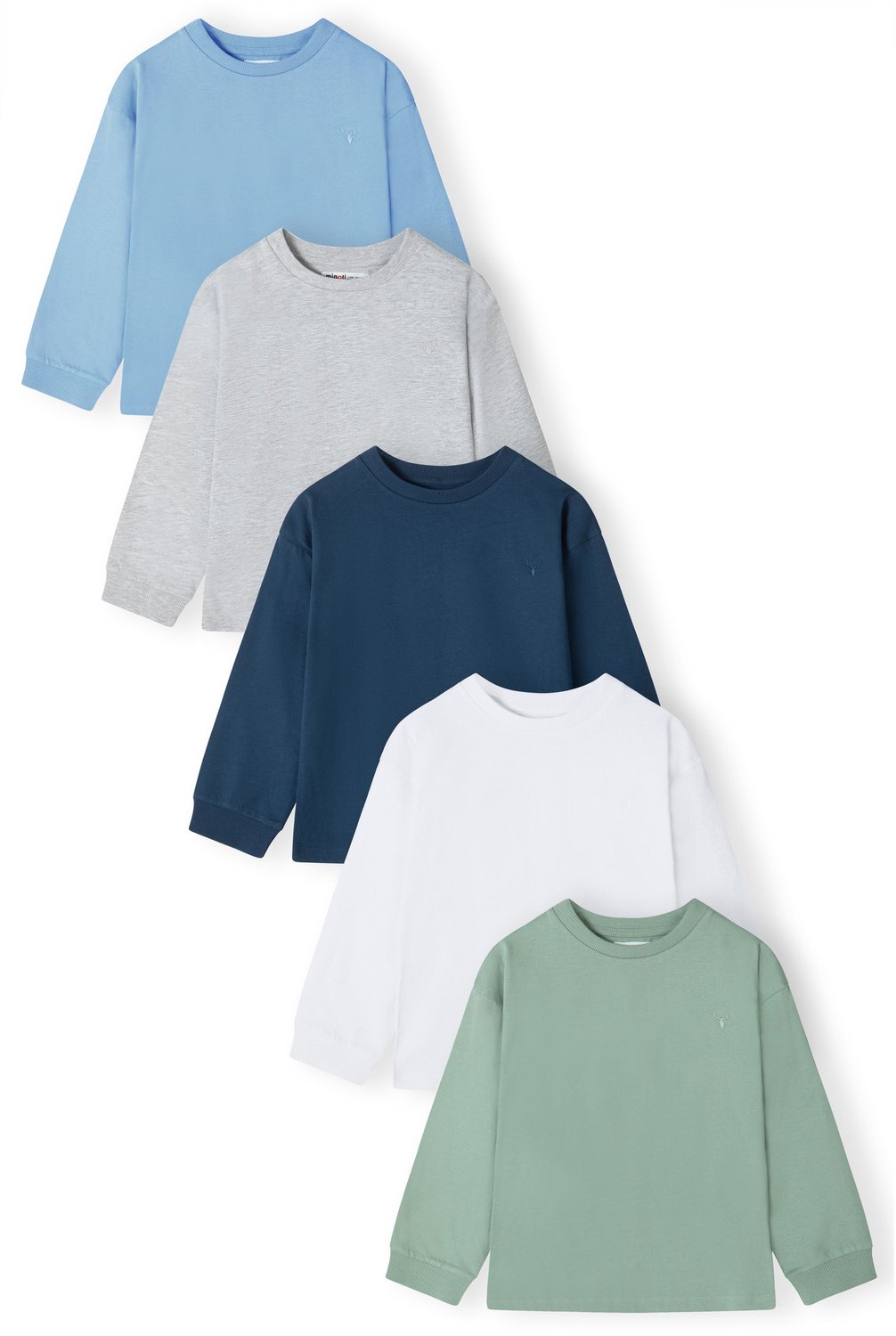 Minoti longsleeve jongens – geborduurd hertje – 5-pack – lichtblauw en groen