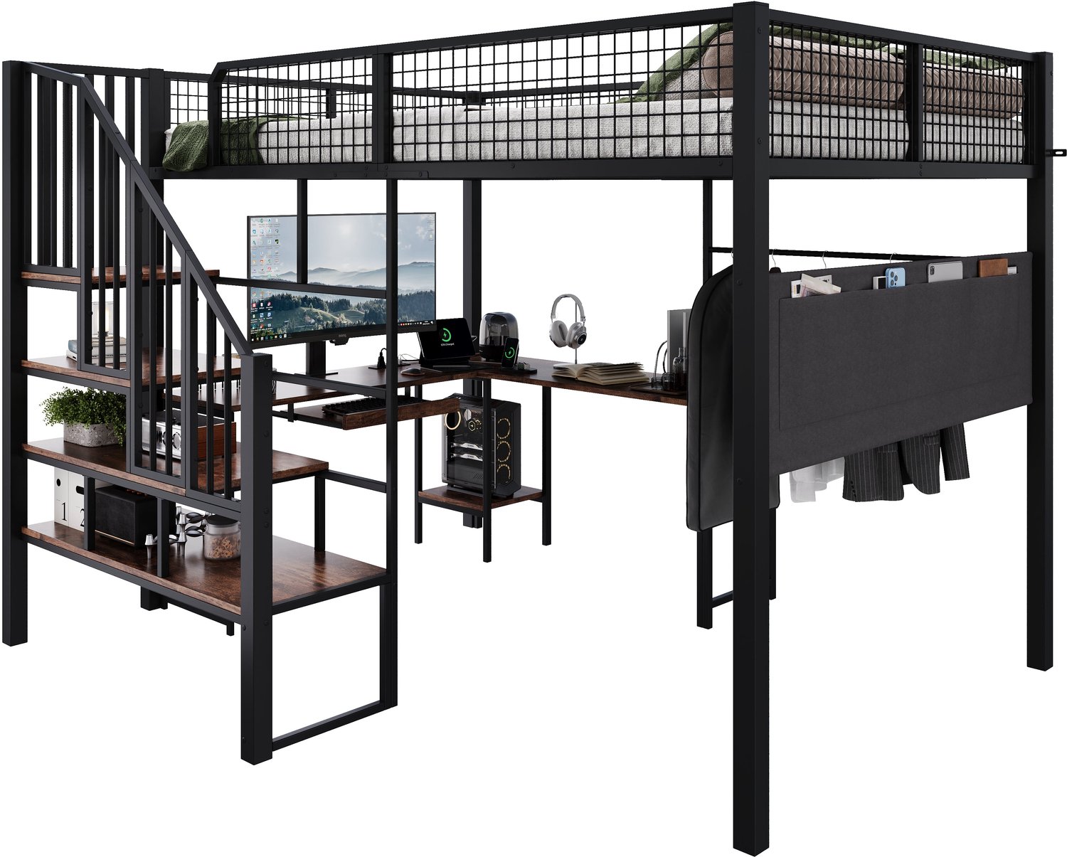 Merax Metalen Hoogslaper 140 x 200 cm - Met Hoekbureau - Trap - Toetsenbordlade - Laadaansluiting - Stoffen Opbergvak - Zwart En Donker Houtkleurig