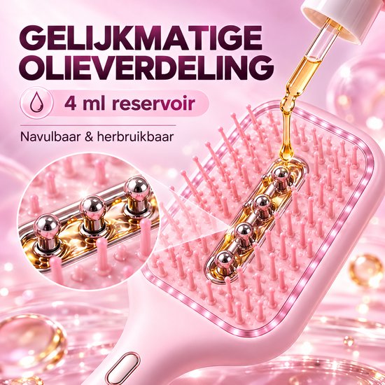 Roze haarborstel met 4 ml reservoir voor gelijkmatige olie-applicatie.