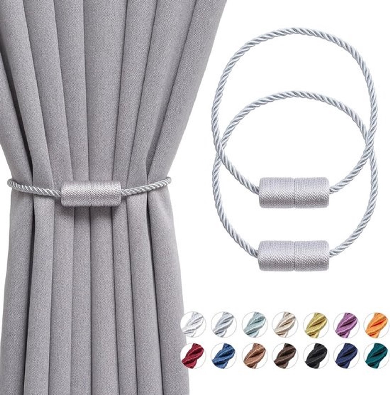 Magnetische gordijn tiebacks 16 inch - 2 pack handgemaakte weefsel gordijn holdbacks - grijze drape gordijn ruggen voor thuis en kantoor
