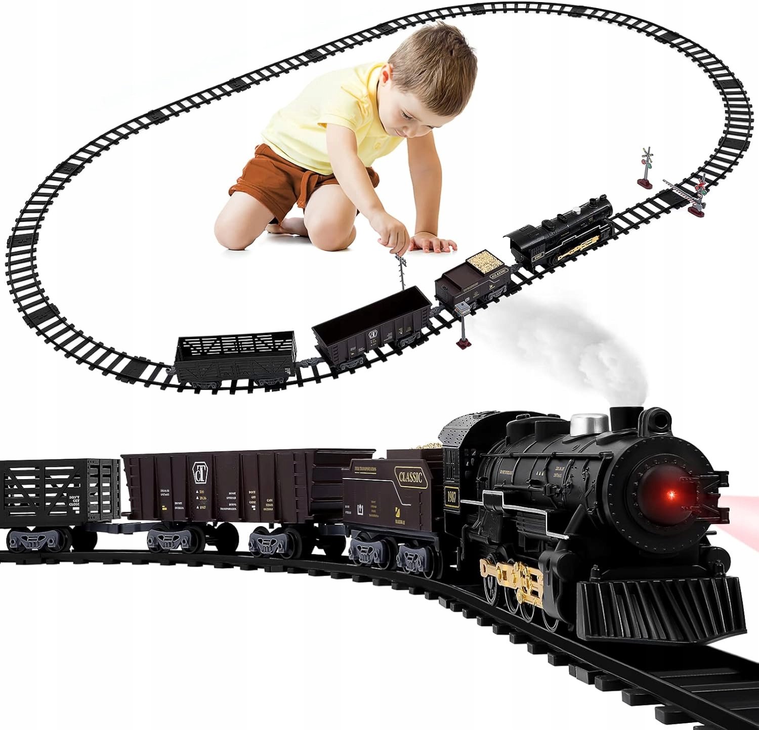 Vintage Stoomtrein Treinset - Elektrische Stoomlocomotief - Speelgoedtrein - Educatief Speelgoed - Geluid & Licht - met Rails - Veilig & Duurzaam - Bouwtrein Voor Kinderen - Cadeau
