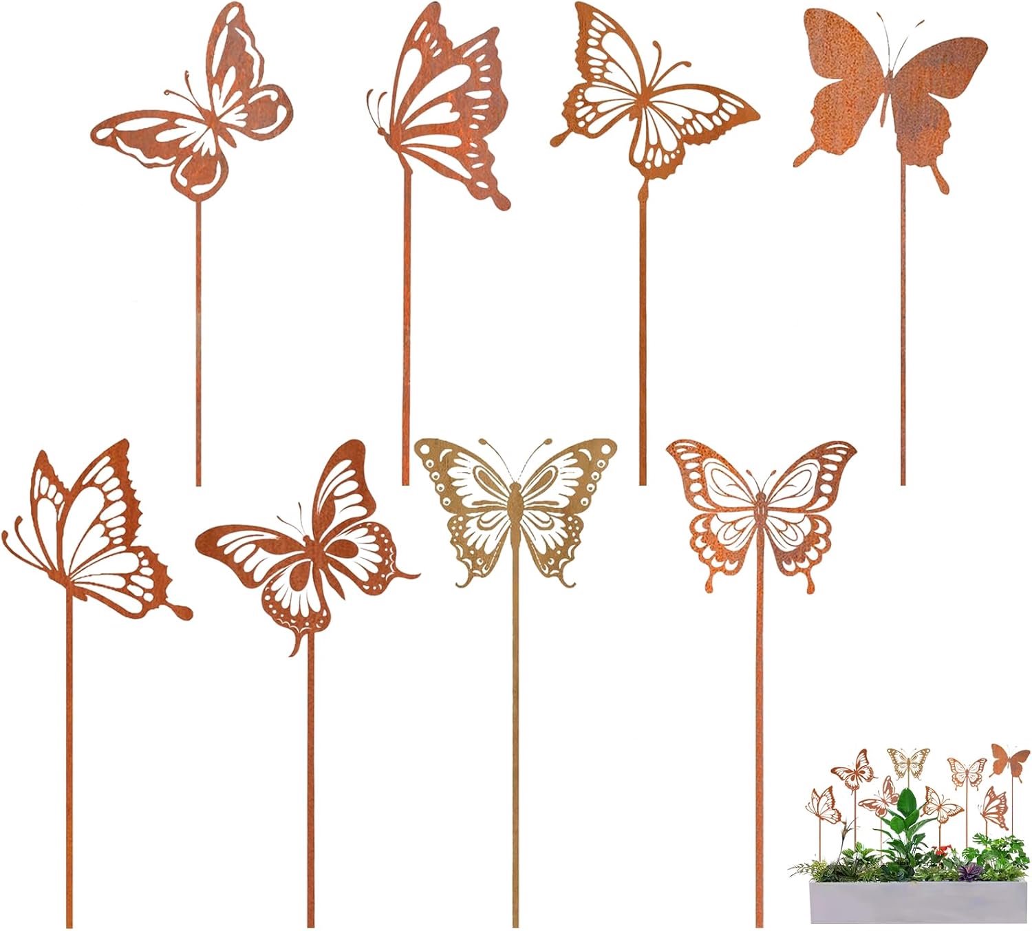 Rusokufo 8 Stuks Metalen Vlinder Tuinprikkers Met Roestlook, Weerbestendige Decoratie Voor Lente, Zomer En Herfst - ShopVlot