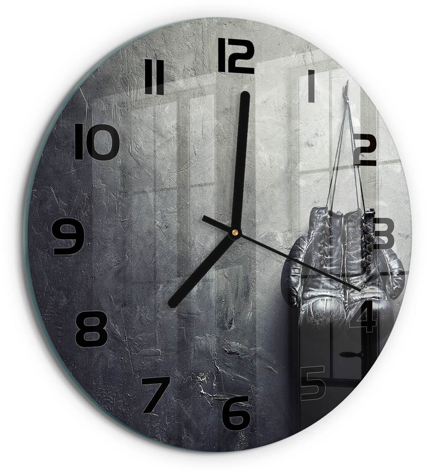 TULUP Wandklok - Bokshandschoenen Glazen Wandklok Design - fi30 cm - Zwart-wit Klok Glas Met Opdruk - Zwarte handen - Ronde Klok - Wandklok Glas Met Motief - Decoratieve Glazen Klok