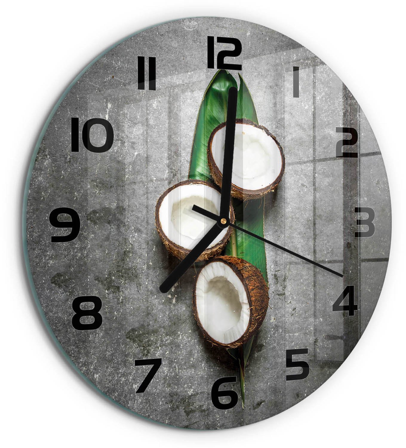 TULUP Wandklok - Een halve kokosnoot Glazen Klok Met Print - fi30 cm - Groente Wandklok Glas Met Motief - Zwarte handen - Ronde Klok - Wandklok Glas Decoratie - Gekleurde Glazen Klok