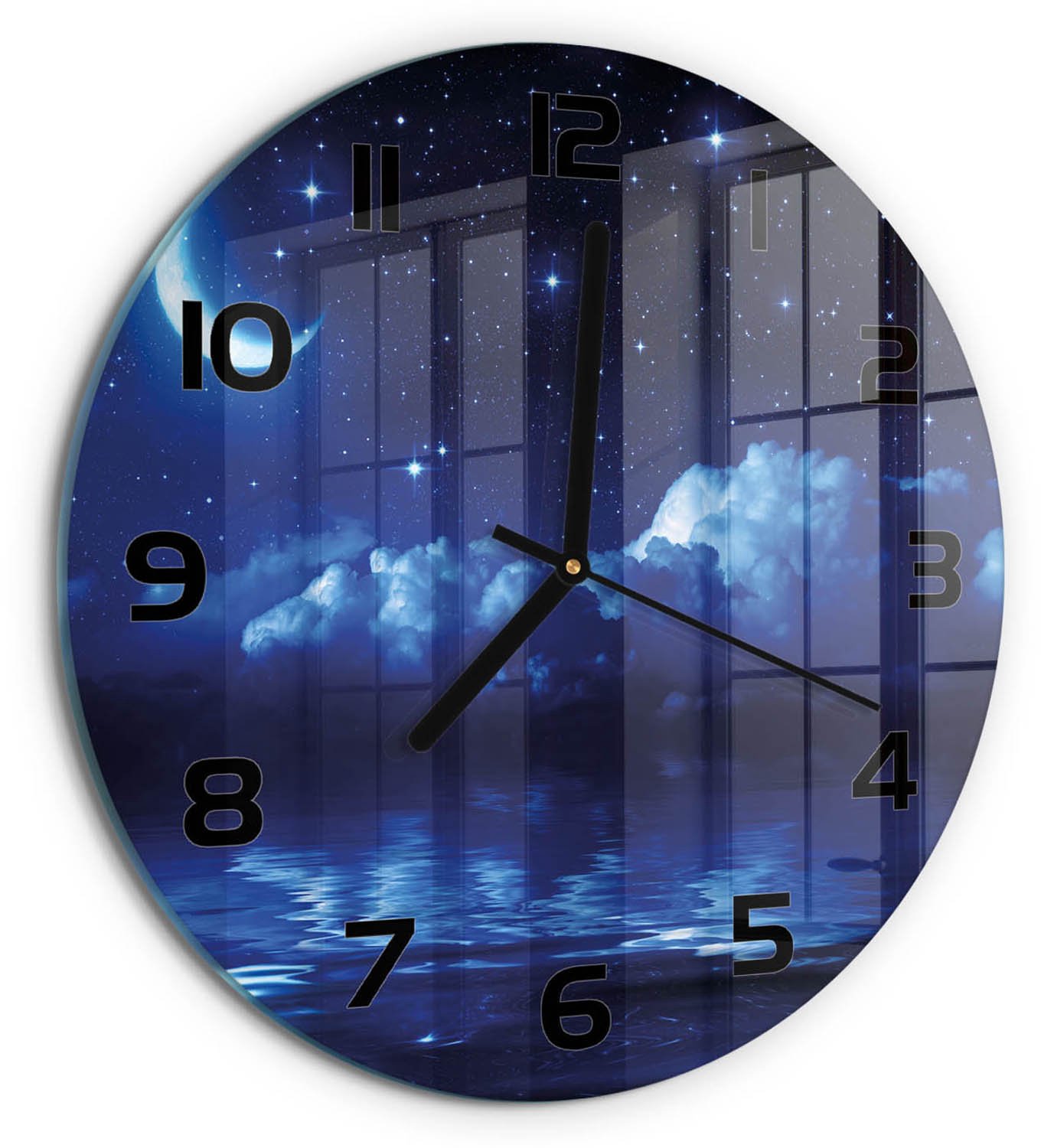 TULUP Wandklok - De nachtelijke hemel Klok Glas Met Opdruk - fi30 cm - Blauw Moderne Wandklok Glas - Zwarte handen - Ronde Klok - Decoratieve Glazen Klok - Glazen Wandklok Design