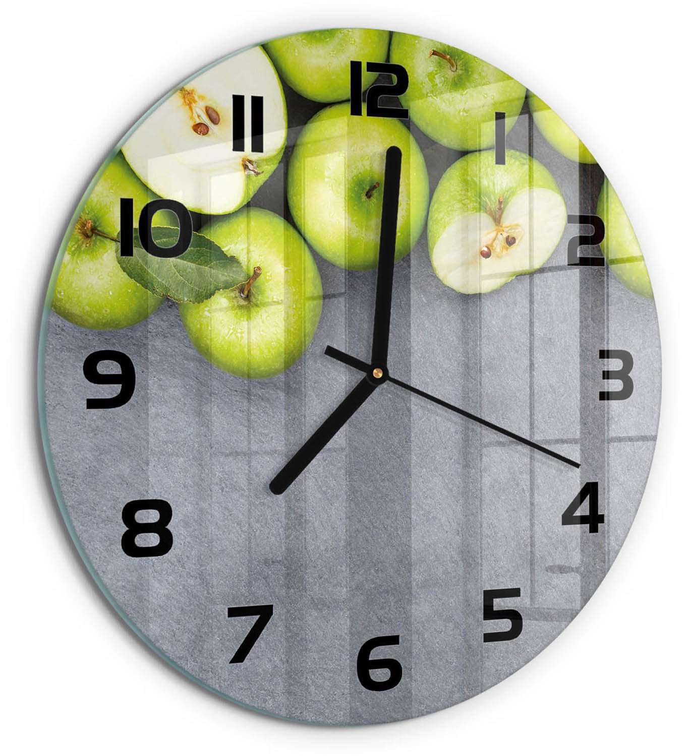 TULUP Wandklok - Groene appels Moderne Wandklok Glas - fi30 cm - Groente Wandklok Glas Decoratie - Zwarte handen - Ronde Klok - Glazen Wandklok Design - Klok Glas Met Opdruk