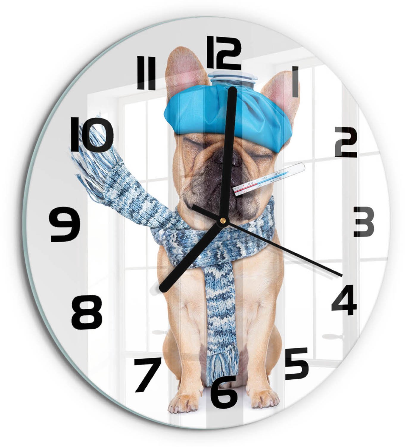 TULUP Wandklok - Zieke hond Klok Glas Met Opdruk - fi30 cm - Blauw Moderne Wandklok Glas - Zwarte handen - Ronde Klok - Decoratieve Glazen Klok - Glazen Wandklok Design