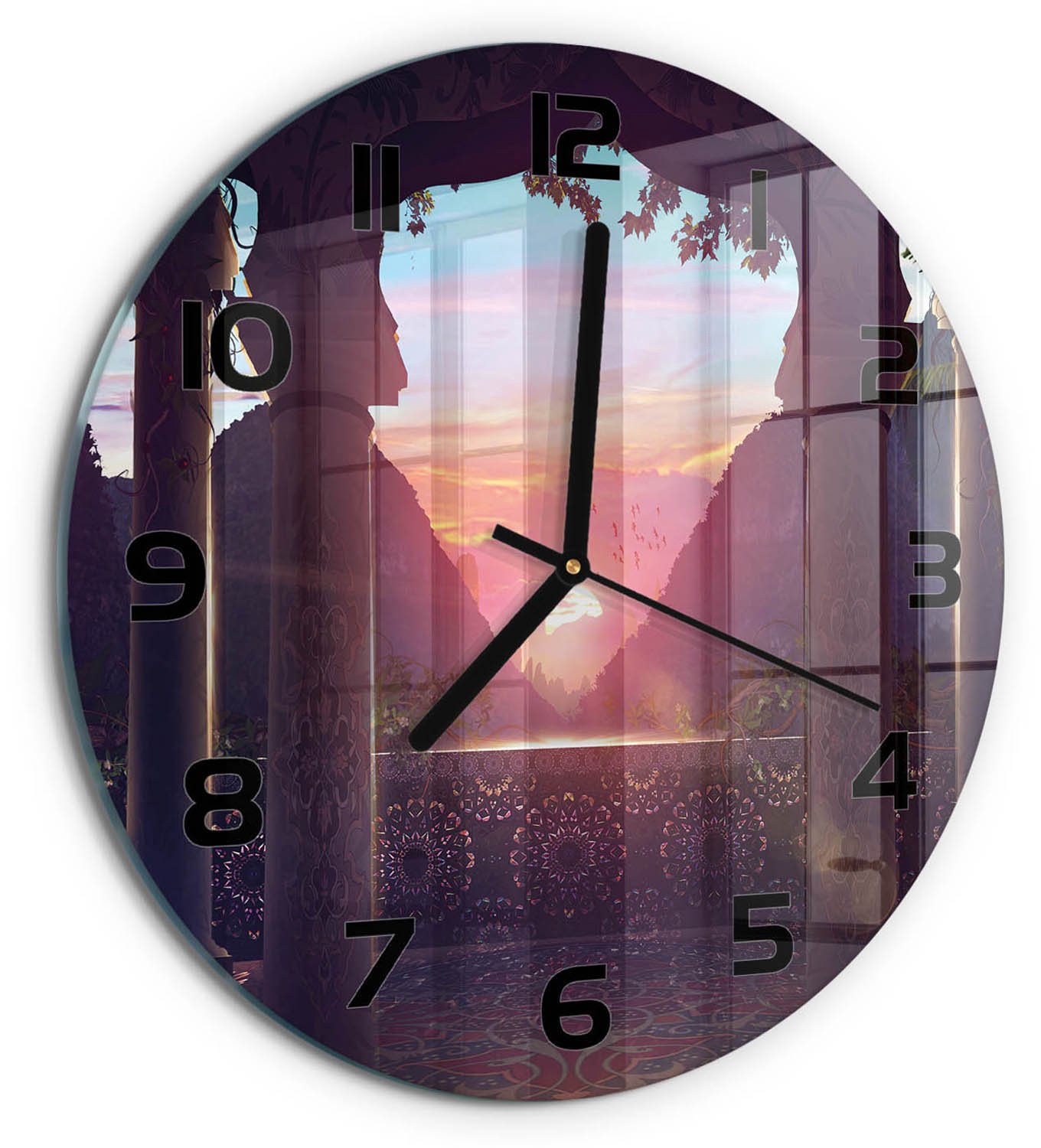 TULUP Wandklok - Oosterse architectuur Decoratieve Glazen Klok - fi30 cm - Veelkleurig Glazen Wandklok Design - Zwarte handen - Ronde Klok - Glazen Klok Met Print - Wandklok Glas Met Motief