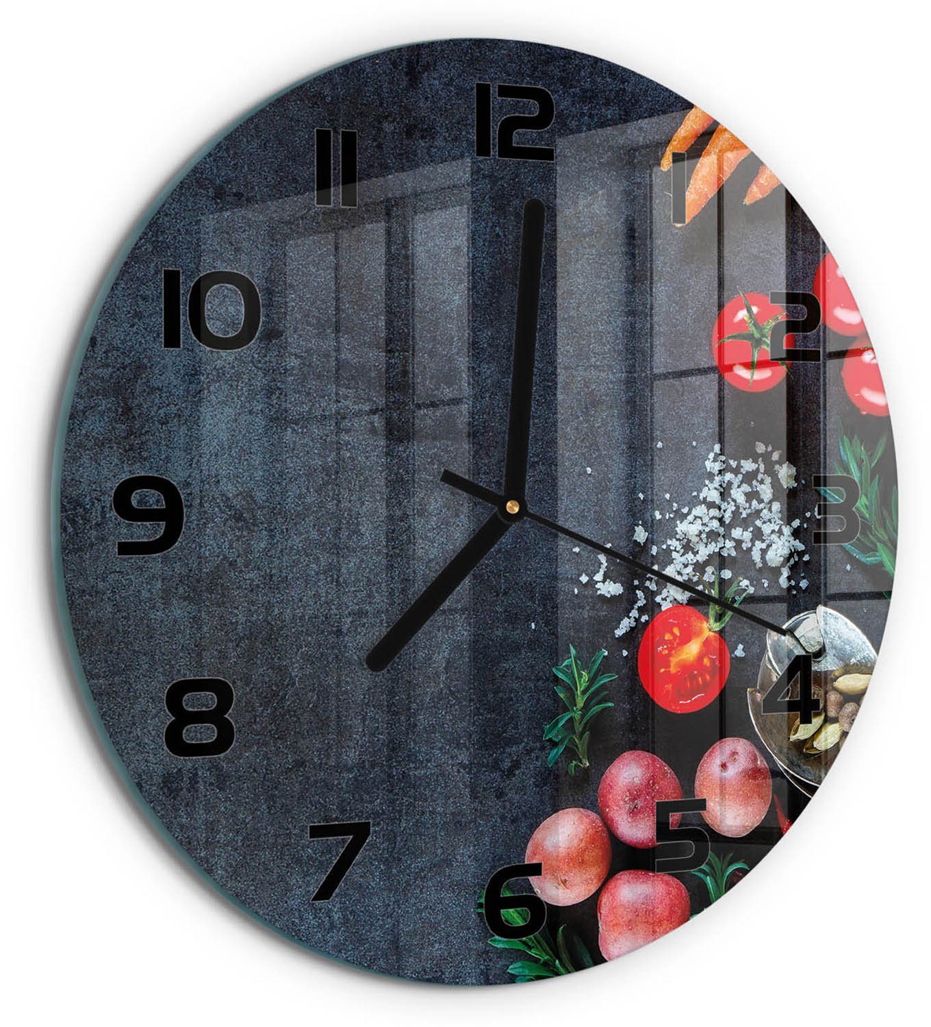 TULUP Wandklok - Ingrediënten Glazen Wandklok Design - fi30 cm - Veelkleurig Klok Glas Met Opdruk - Zwarte handen - Ronde Klok - Wandklok Glas Met Motief - Decoratieve Glazen Klok