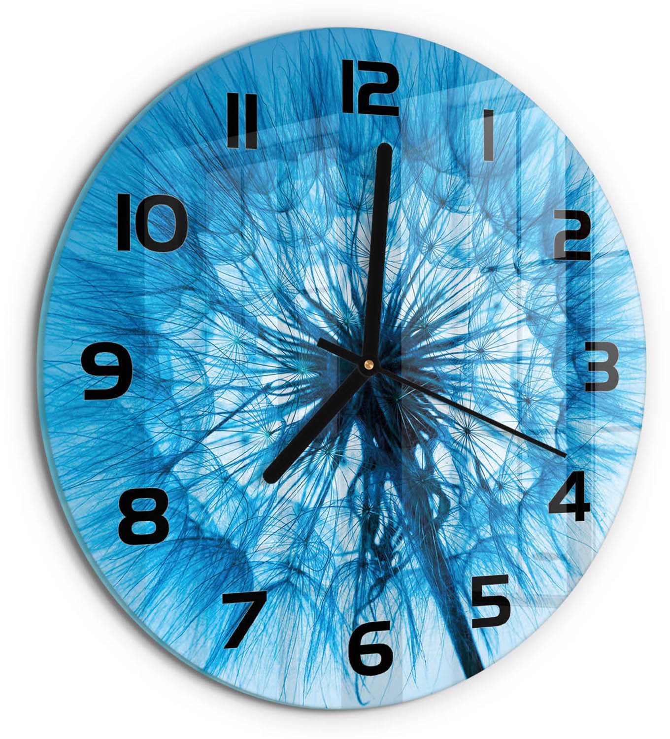 TULUP Wandklok - Paardebloem Glazen Wandklok Design - fi30 cm - Blauw Klok Glas Met Opdruk - Zwarte handen - Ronde Klok - Wandklok Glas Met Motief - Decoratieve Glazen Klok