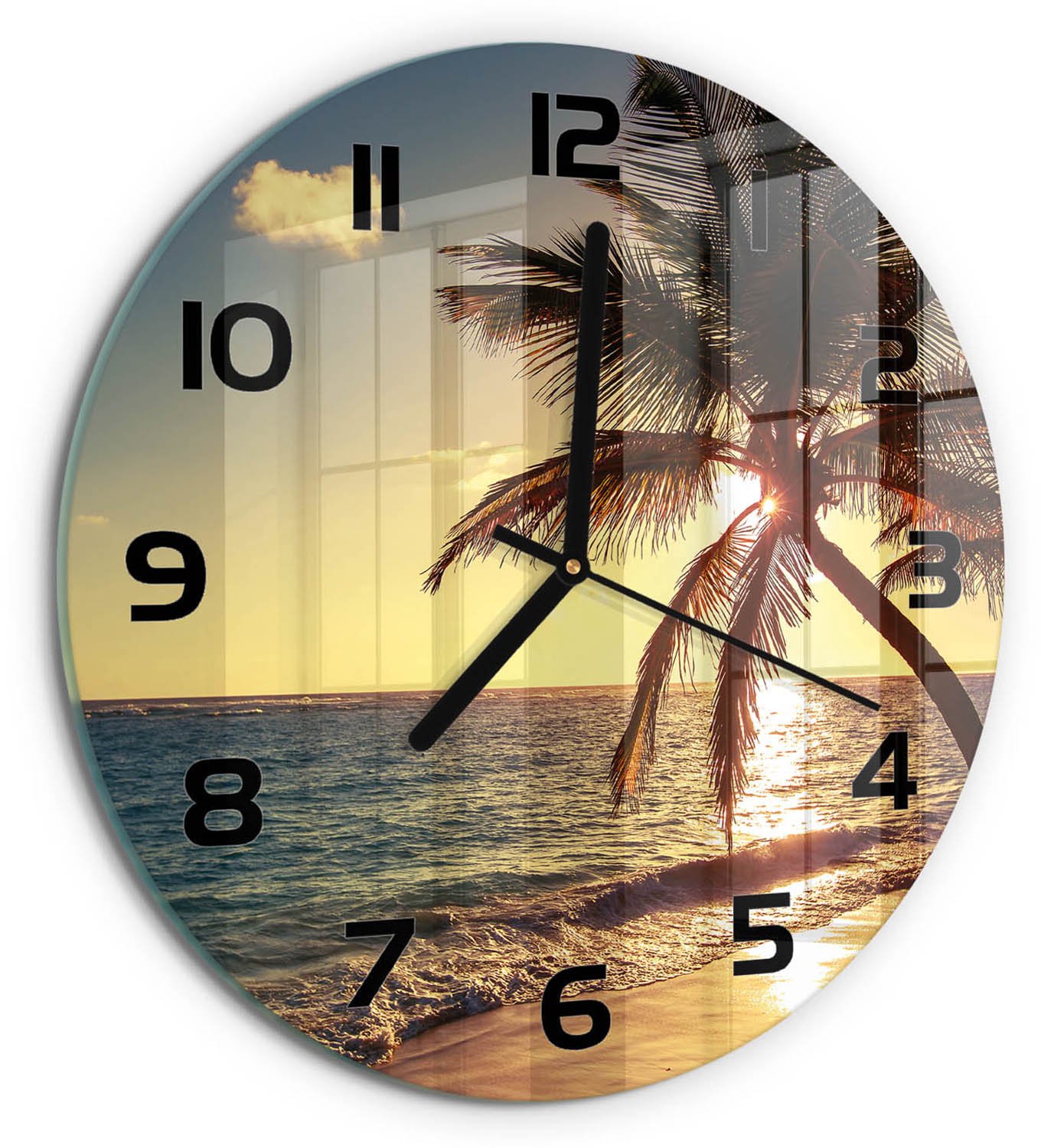 TULUP Wandklok - Tropisch strand Gekleurde Glazen Klok - fi30 cm - Geel Glazen Klok Met Print - Zwarte handen - Ronde Klok - Moderne Wandklok Glas - Wandklok Glas Decoratie