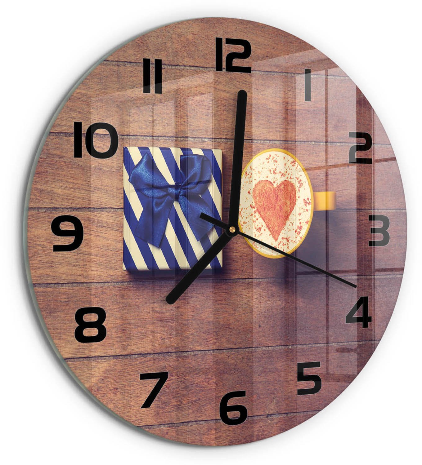 TULUP Wandklok - Koffie en cadeau Wandklok Glas Met Motief - fi30 cm - Blauw Decoratieve Glazen Klok - Zwarte handen - Ronde Klok - Gekleurde Glazen Klok - Glazen Klok Met Print