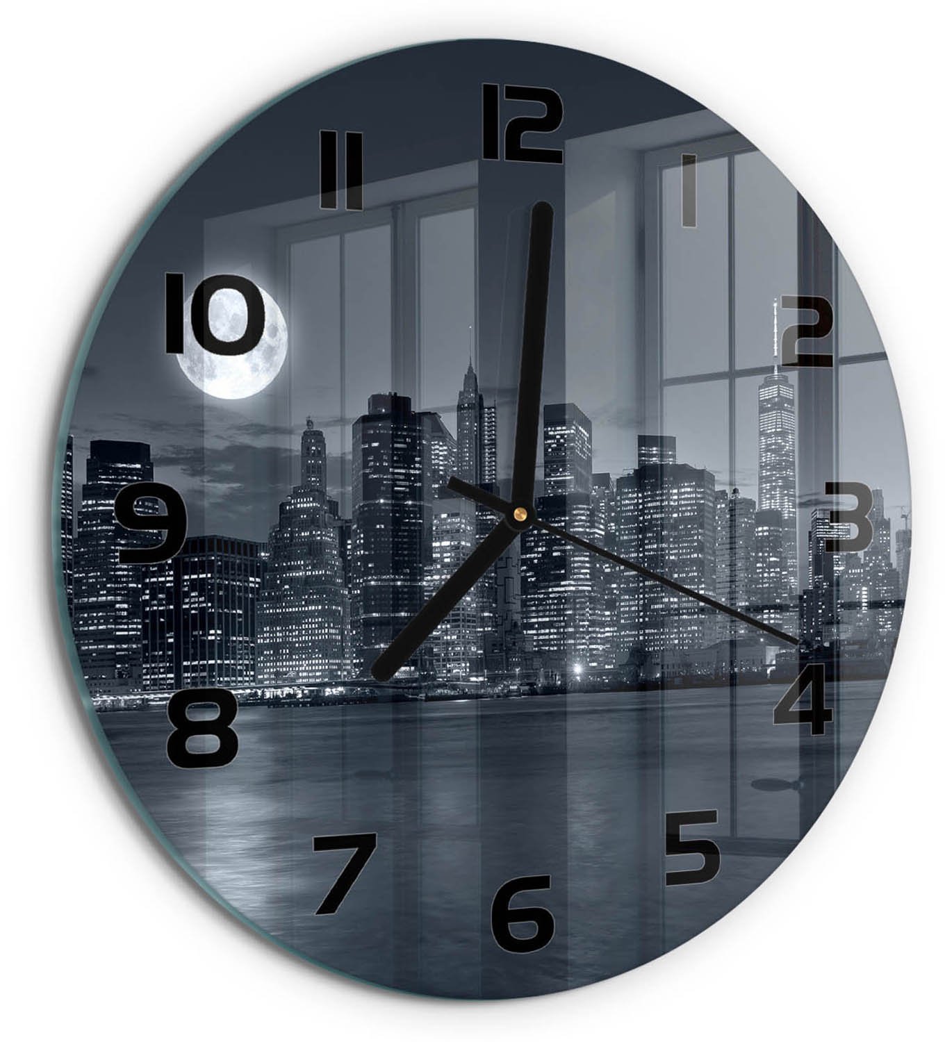 TULUP Wandklok - New York 's nachts Moderne Wandklok Glas - fi30 cm - Zwart-wit Wandklok Glas Decoratie - Zwarte handen - Ronde Klok - Glazen Wandklok Design - Klok Glas Met Opdruk