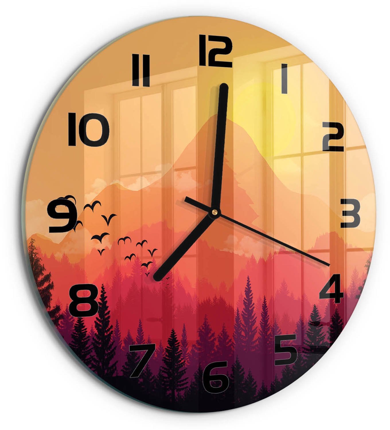 TULUP Wandklok - Berglandschap Klok Glas Met Opdruk - fi30 cm - Oranje Moderne Wandklok Glas - Zwarte handen - Ronde Klok - Decoratieve Glazen Klok - Glazen Wandklok Design