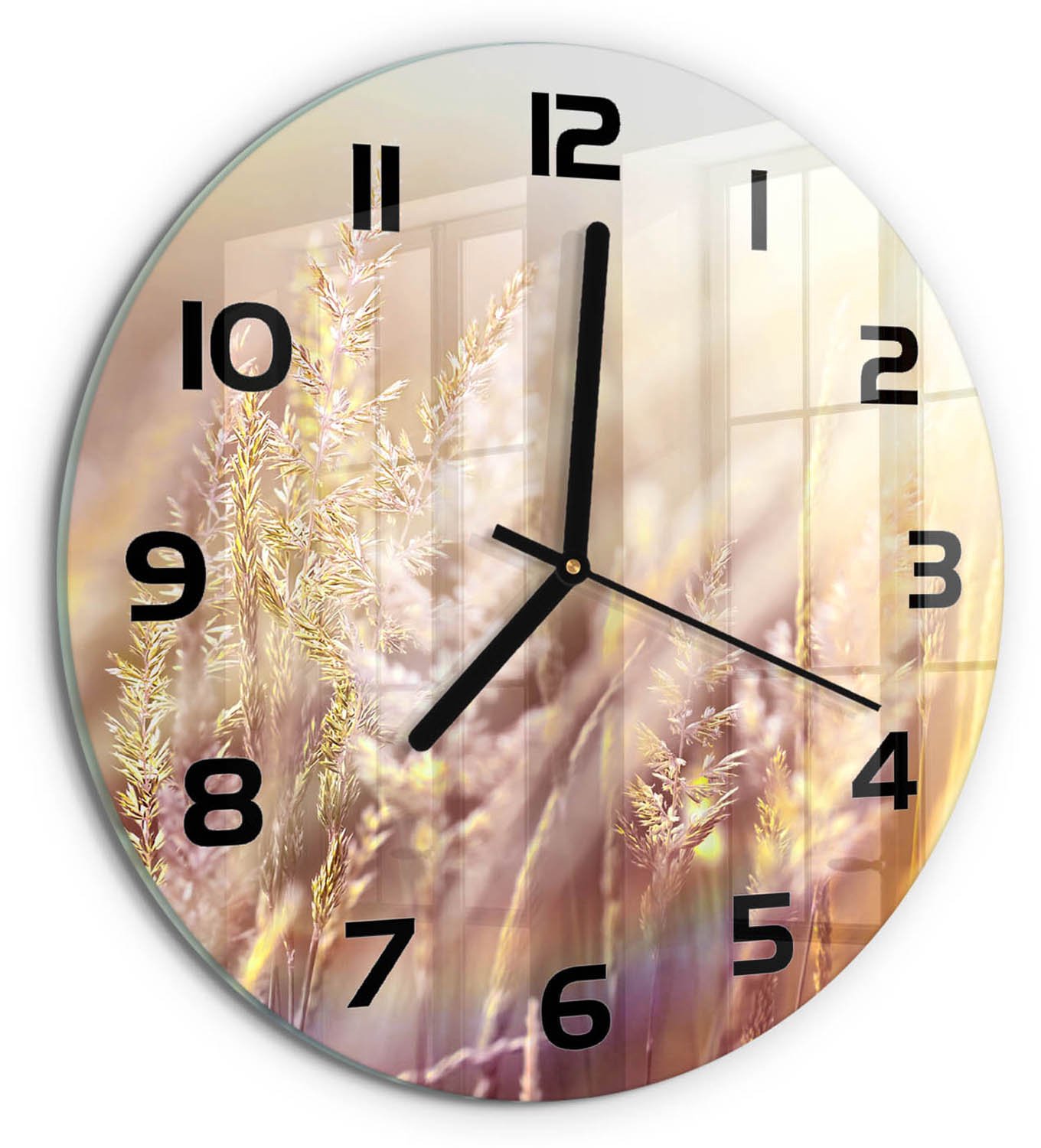 TULUP Wandklok - Hoog gras Gekleurde Glazen Klok - fi30 cm - Beige Glazen Klok Met Print - Zwarte handen - Ronde Klok - Moderne Wandklok Glas - Wandklok Glas Decoratie