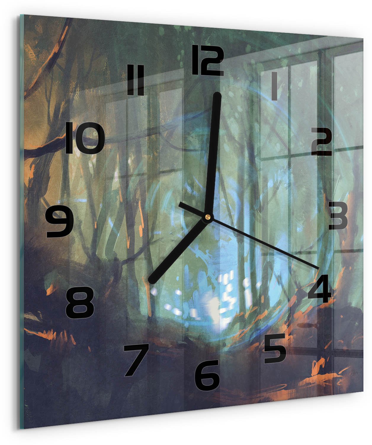 TULUP Wandklok - Mystiek bos Moderne Wandklok Glas - 30x30 cm - Blauw Wandklok Glas Decoratie - Zwarte handen - Vierkante Klok - Glazen Wandklok Design - Klok Glas Met Opdruk
