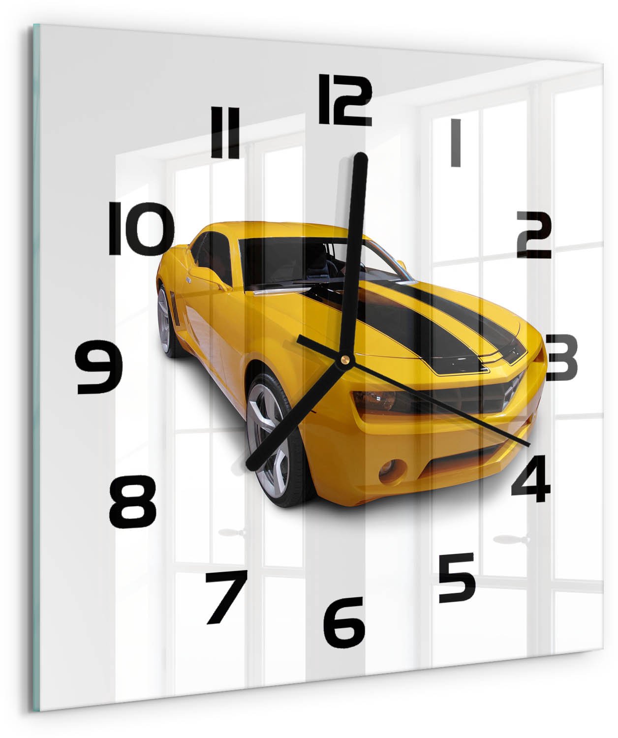 Tulup Wandklok - Sportwagen Wandklok Glas Met Motief - 30x30 cm - Geel Decoratieve Glazen Klok - Zwarte handen - Vierkante Klok - Gekleurde Glazen Klok - Glazen Klok Met Print