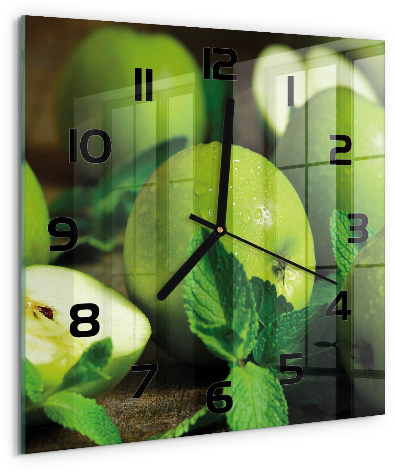 TULUP Wandklok - Groene appels Moderne Wandklok Glas - 30x30 cm - Groente Wandklok Glas Decoratie - Zwarte handen - Vierkante Klok - Glazen Wandklok Design - Klok Glas Met Opdruk