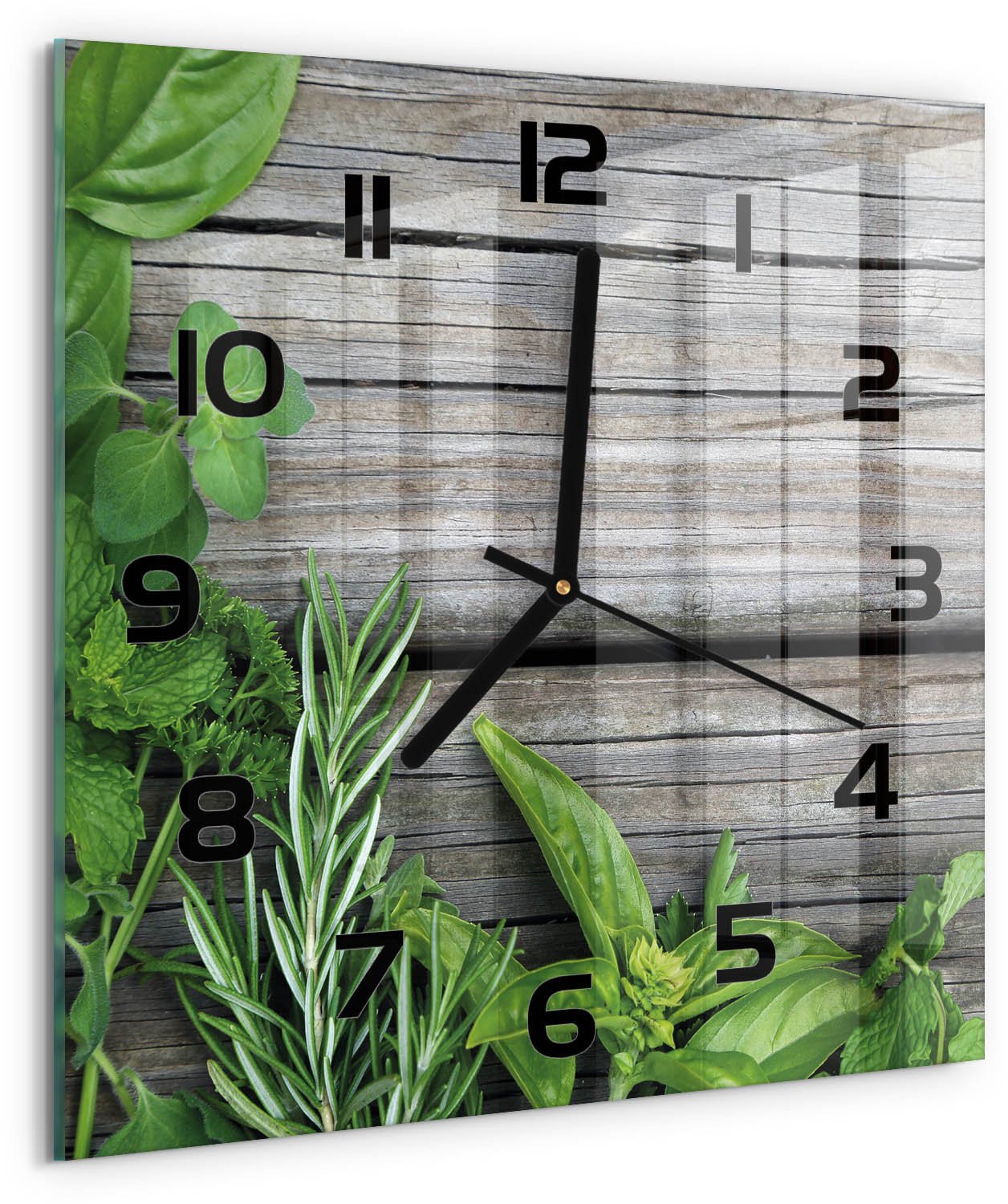 TULUP Wandklok - Houten kruidenachtergrond Wandklok Glas Met Motief - 30x30 cm - Groente Decoratieve Glazen Klok - Zwarte handen - Vierkante Klok - Gekleurde Glazen Klok - Glazen Klok Met Print