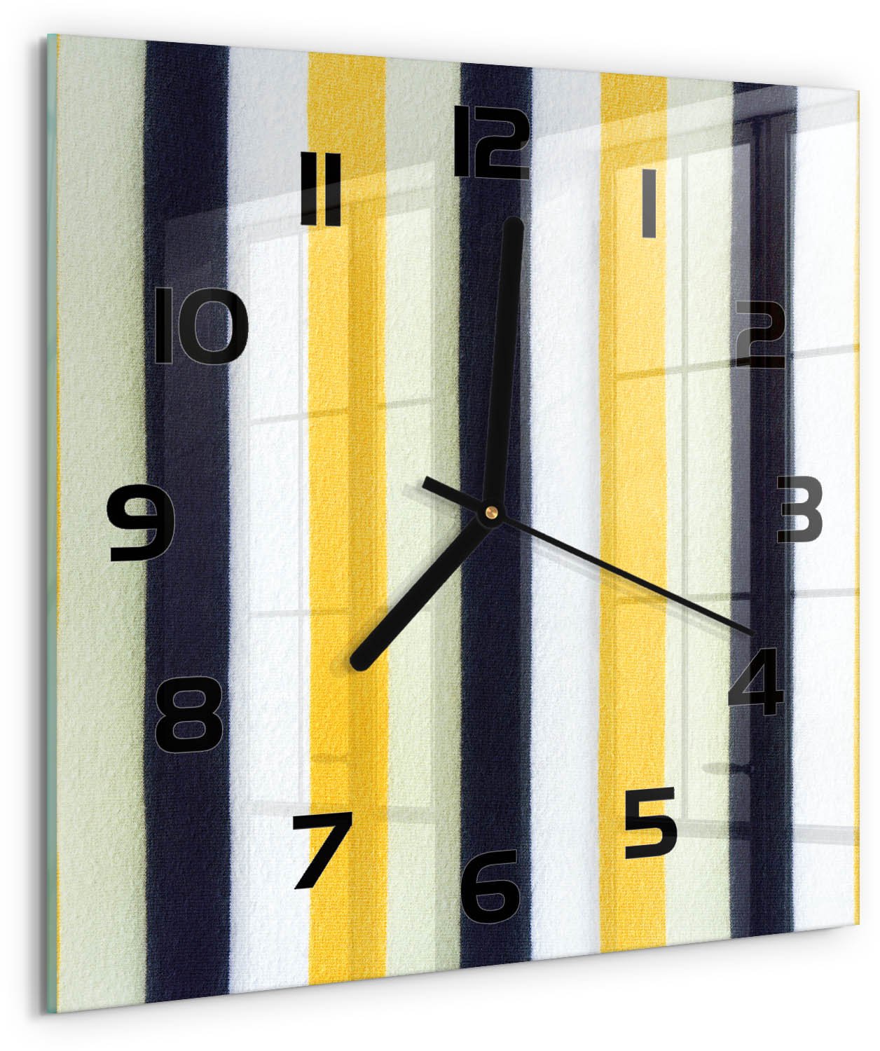 TULUP Wandklok - Gestreepte achtergrond Glazen Klok Met Print - 30x30 cm - Geel Wandklok Glas Met Motief - Zwarte handen - Vierkante Klok - Wandklok Glas Decoratie - Gekleurde Glazen Klok