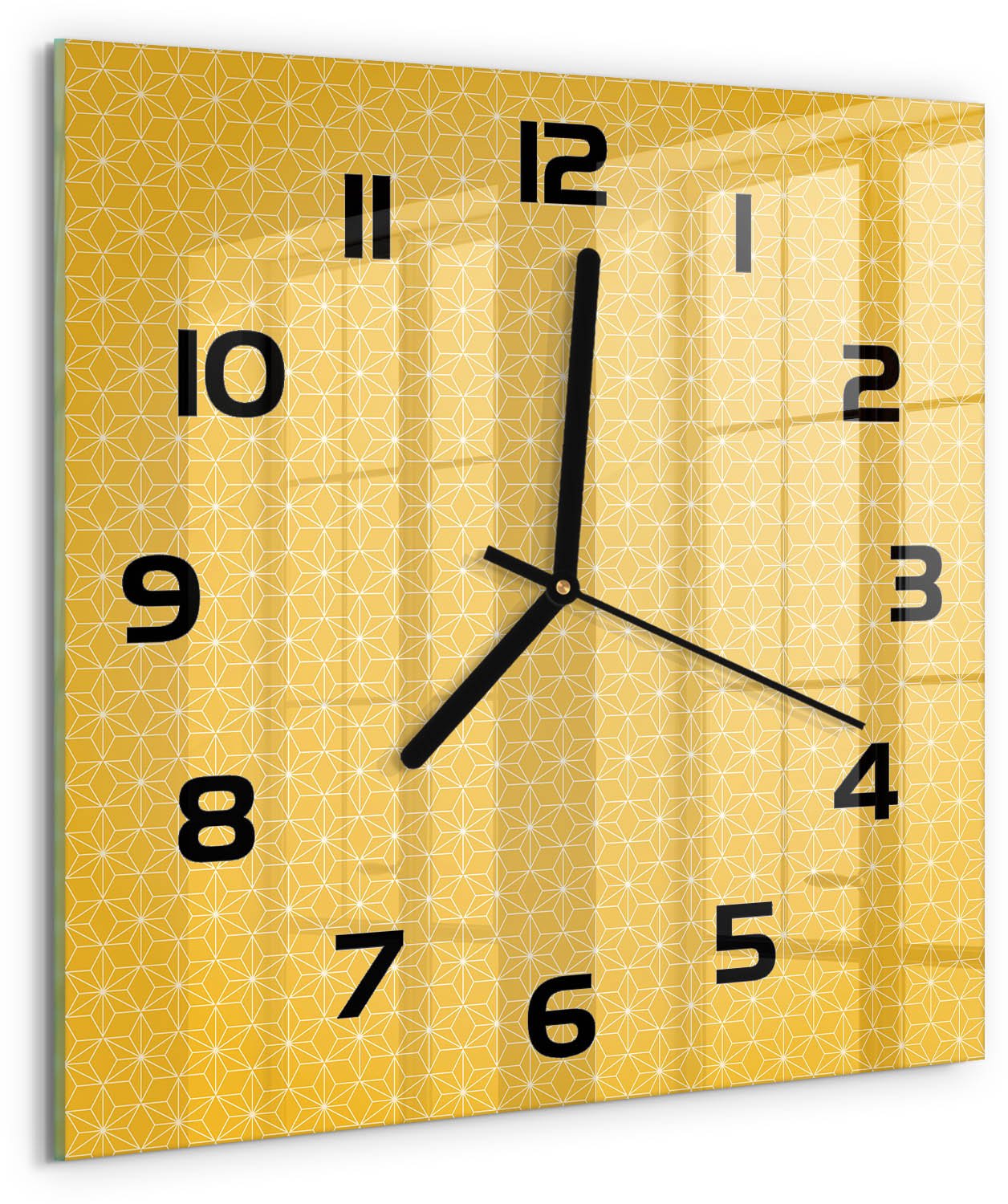 TULUP Wandklok - Sterren Decoratieve Glazen Klok - 30x30 cm - Geel Glazen Wandklok Design - Zwarte handen - Vierkante Klok - Glazen Klok Met Print - Wandklok Glas Met Motief