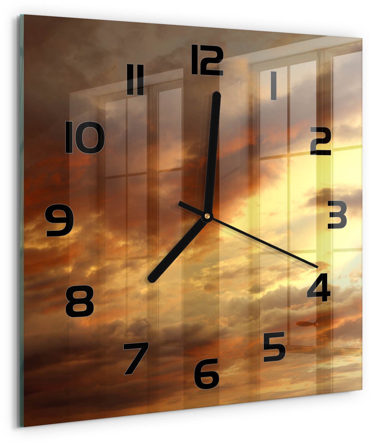 TULUP Wandklok - Zonsopgang Decoratieve Glazen Klok - 30x30 cm - Geel Glazen Wandklok Design - Zwarte handen - Vierkante Klok - Glazen Klok Met Print - Wandklok Glas Met Motief