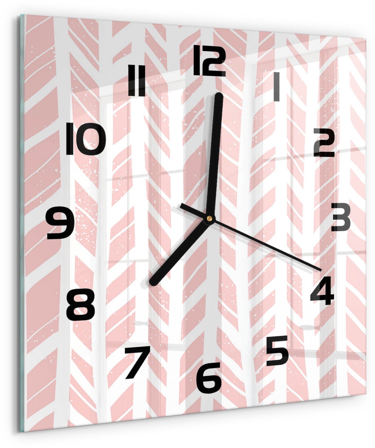 TULUP Wandklok - Visgraatpatroon Glazen Klok Met Print - 30x30 cm - Roze Wandklok Glas Met Motief - Zwarte handen - Vierkante Klok - Wandklok Glas Decoratie - Gekleurde Glazen Klok