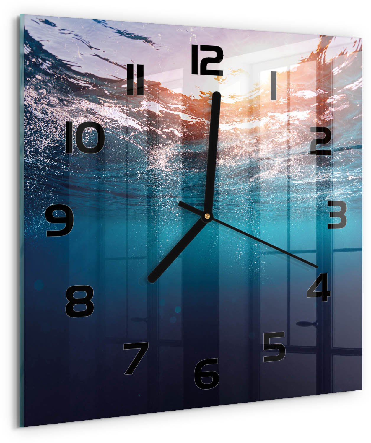 TULUP Wandklok - Onderwaterwereld Gekleurde Glazen Klok - 30x30 cm - Blauw Glazen Klok Met Print - Zwarte handen - Vierkante Klok - Moderne Wandklok Glas - Wandklok Glas Decoratie
