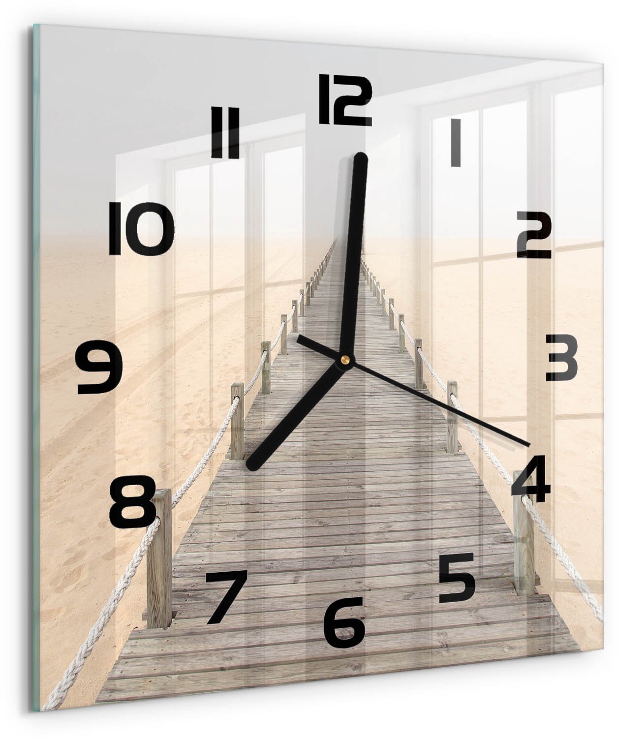 Tulup Wandklok - Strandpad Moderne Wandklok Glas - 30x30 cm - Beige Wandklok Glas Decoratie - Zwarte handen - Vierkante Klok - Glazen Wandklok Design - Klok Glas Met Opdruk