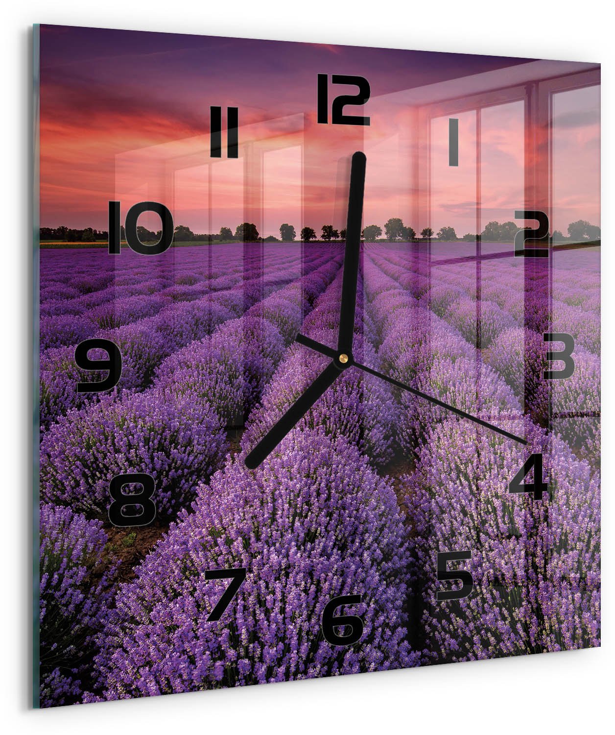 Tulup Wandklok - Lavendelveld Decoratieve Glazen Klok - 30x30 cm - Paars Glazen Wandklok Design - Zwarte handen - Vierkante Klok - Glazen Klok Met Print - Wandklok Glas Met Motief