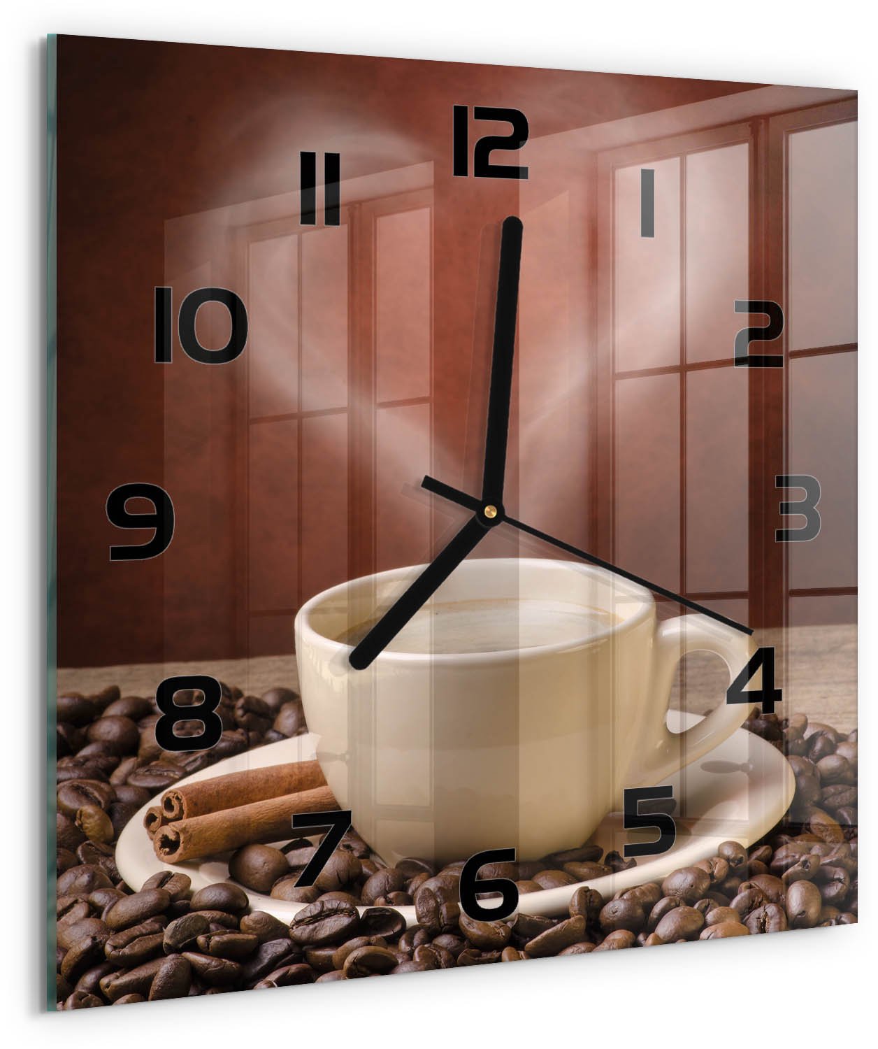 Tulup Wandklok - Aromatische koffie Wandklok Glas Met Motief - 30x30 cm - Bruin Decoratieve Glazen Klok - Zwarte handen - Vierkante Klok - Gekleurde Glazen Klok - Glazen Klok Met Print
