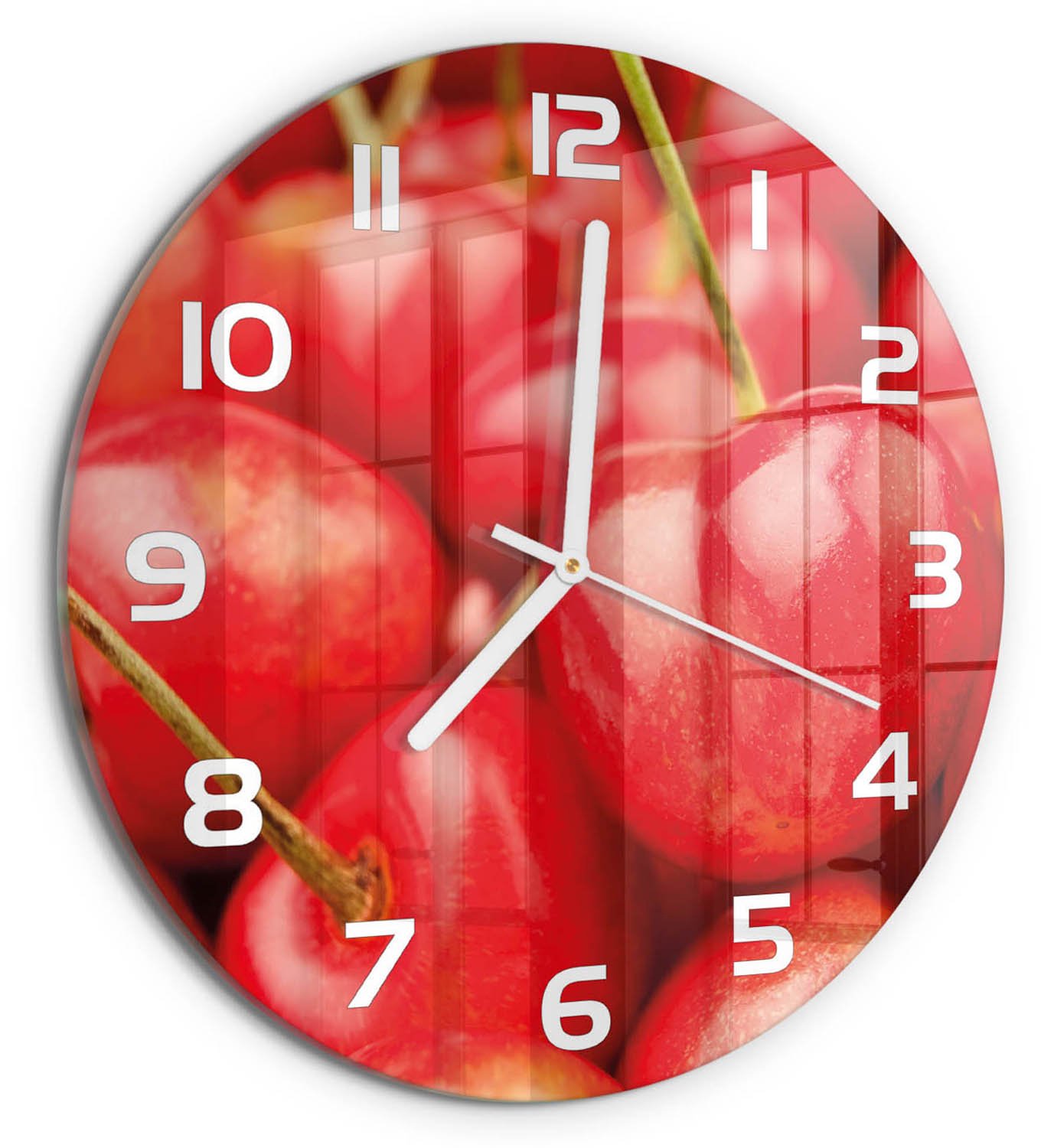 TULUP Wandklok - Kers Decoratieve Glazen Klok - fi30 cm - Rood Glazen Wandklok Design - Witte handen - Ronde Klok - Glazen Klok Met Print - Wandklok Glas Met Motief
