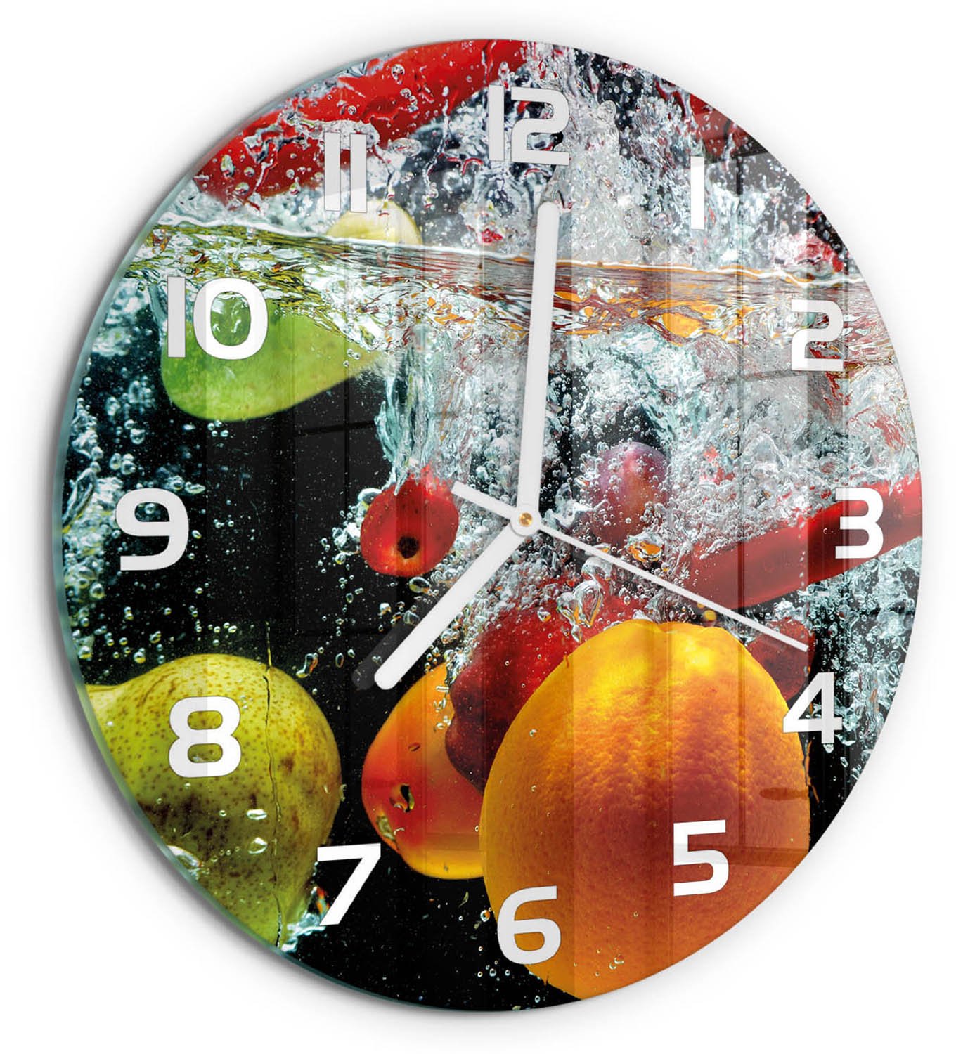 TULUP Wandklok - Fruit onder water Glazen Wandklok Design - fi30 cm - Veelkleurig Klok Glas Met Opdruk - Witte handen - Ronde Klok - Wandklok Glas Met Motief - Decoratieve Glazen Klok