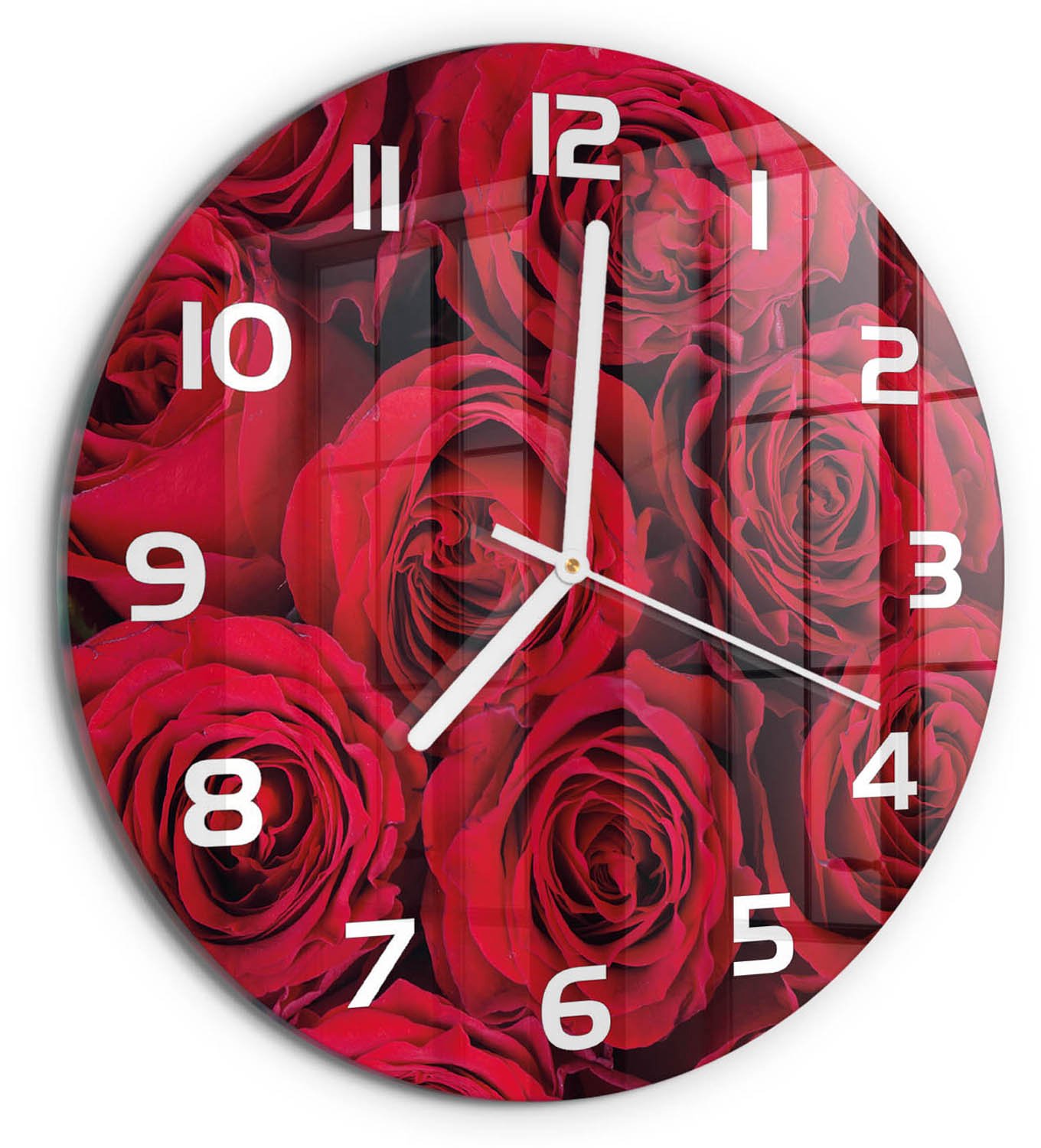 TULUP Wandklok - Rozen Glazen Klok Met Print - fi30 cm - Rood Wandklok Glas Met Motief - Witte handen - Ronde Klok - Wandklok Glas Decoratie - Gekleurde Glazen Klok