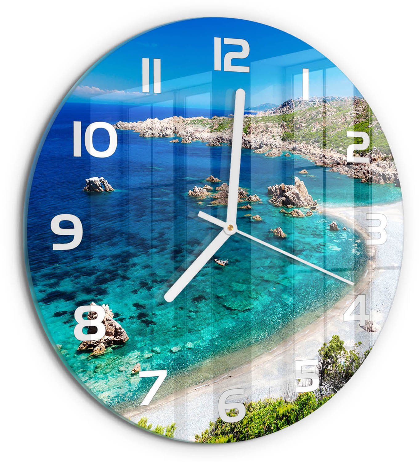 TULUP Wandklok - Baai Glazen Wandklok Design - fi30 cm - Blauw Klok Glas Met Opdruk - Witte handen - Ronde Klok - Wandklok Glas Met Motief - Decoratieve Glazen Klok