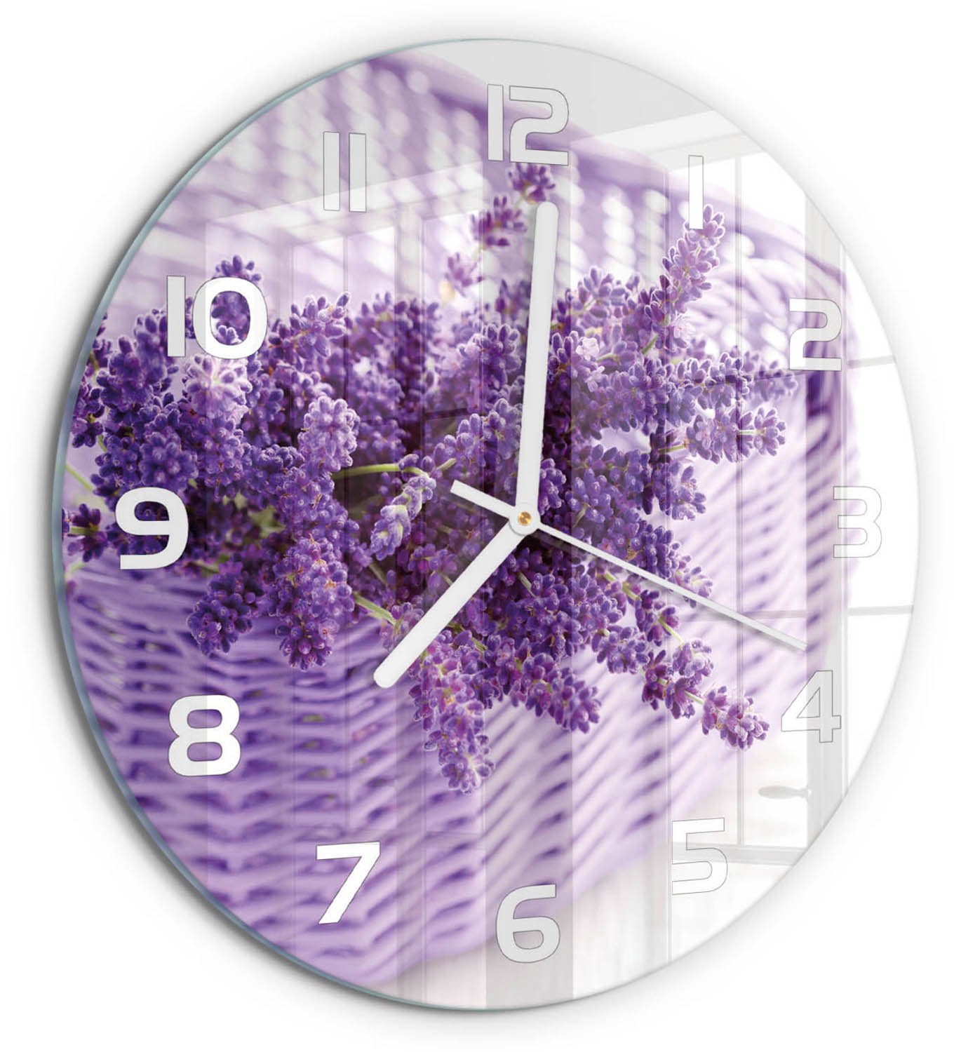 TULUP Wandklok - Lavendel in een mand Glazen Klok Met Print - fi30 cm - Paars Wandklok Glas Met Motief - Witte handen - Ronde Klok - Wandklok Glas Decoratie - Gekleurde Glazen Klok
