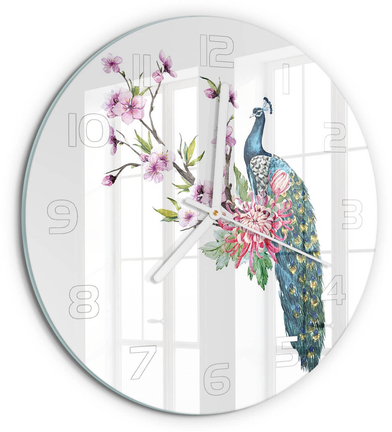 TULUP Wandklok - Pauw en bloemen Klok Glas Met Opdruk - fi30 cm - Veelkleurig Moderne Wandklok Glas - Witte handen - Ronde Klok - Decoratieve Glazen Klok - Glazen Wandklok Design