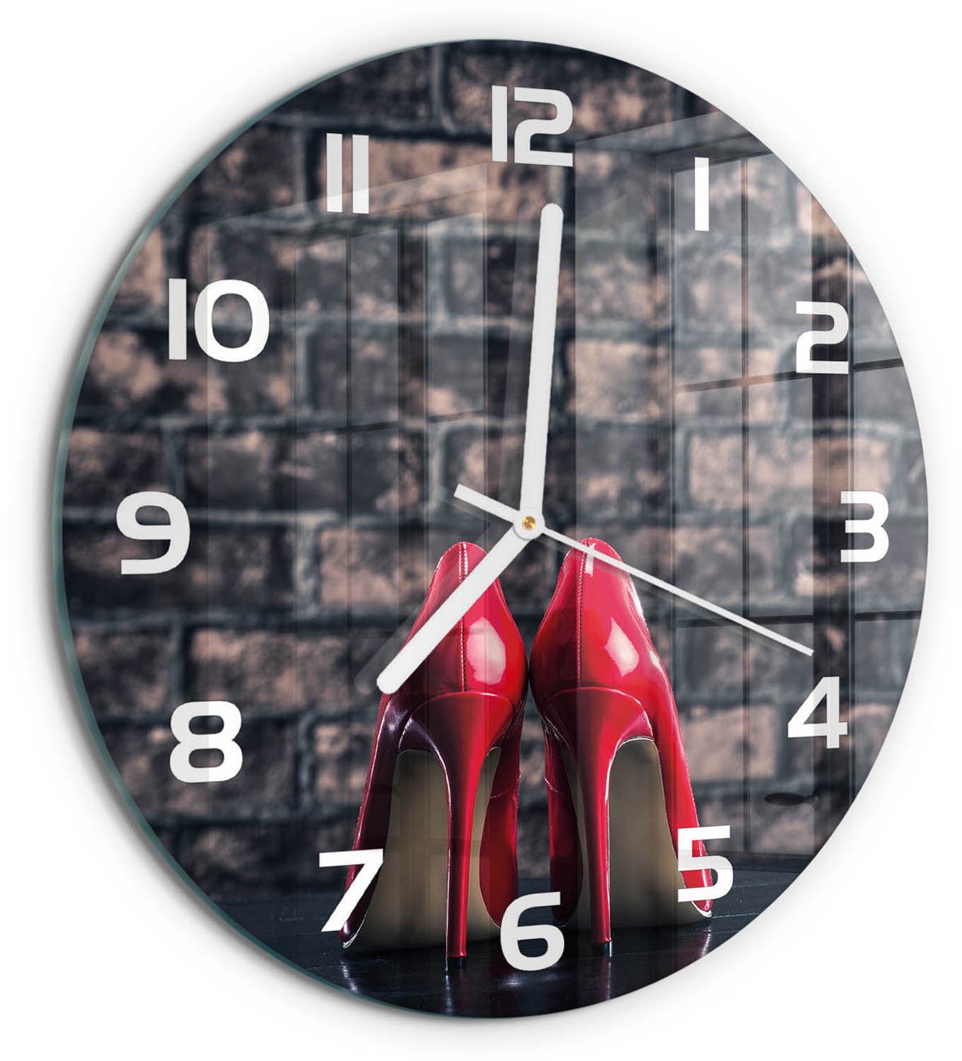 TULUP Wandklok - Rode hoge hakken Glazen Klok Met Print - fi30 cm - Rood Wandklok Glas Met Motief - Witte handen - Ronde Klok - Wandklok Glas Decoratie - Gekleurde Glazen Klok